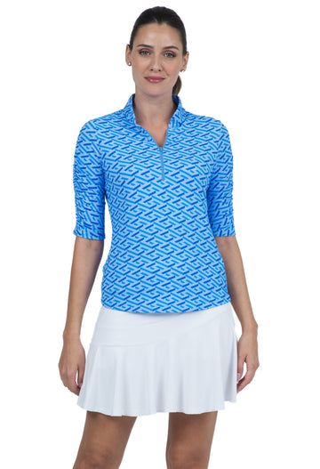 IBKÜL - Fatima Print Ruched Elbow Length Sleeve Top – 41870 - Color: Blue/Peri