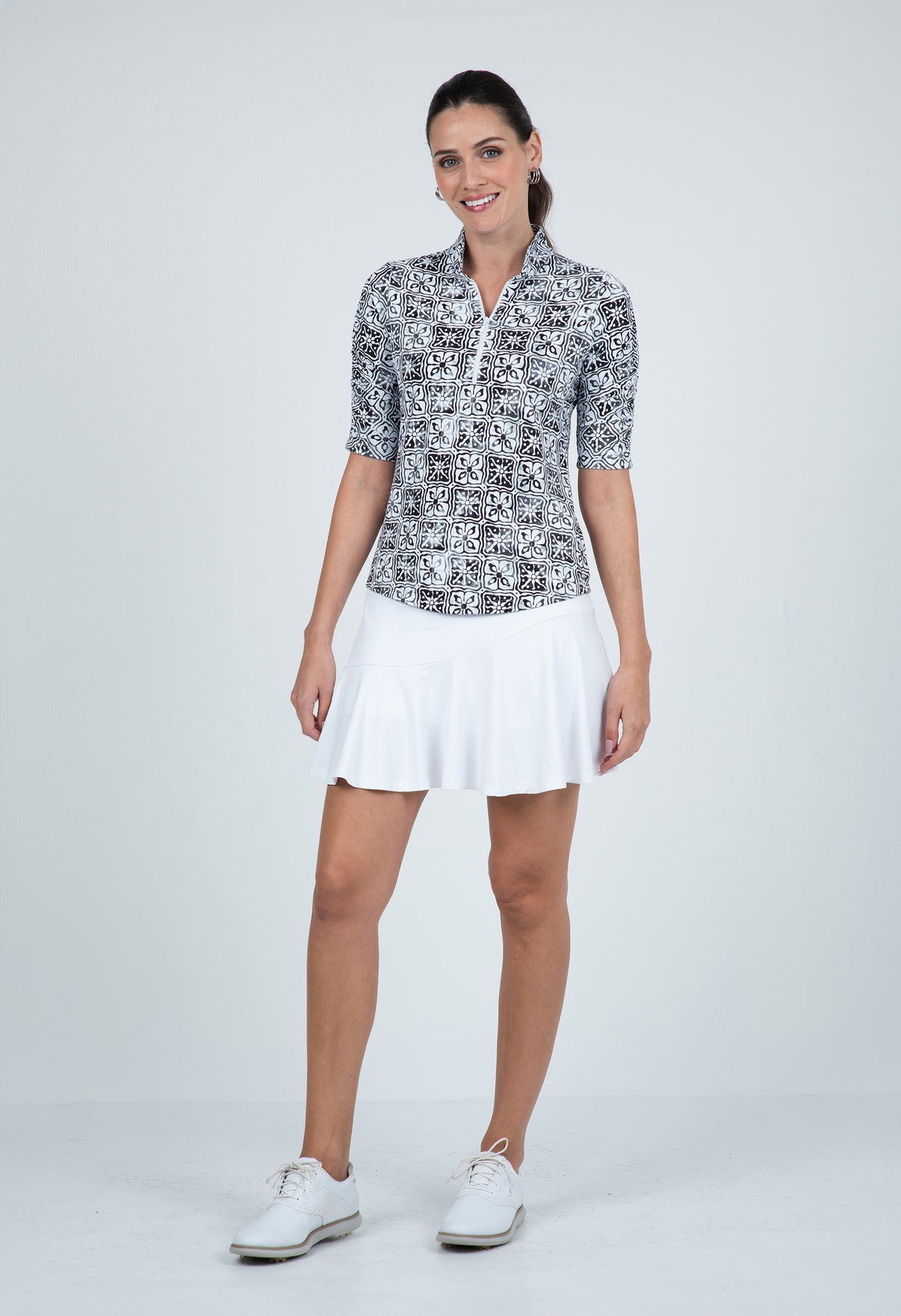 IBKÜL - Kathy Print Ruched Elbow Length Sleeve Top – 41871 - Color: Black/Grey