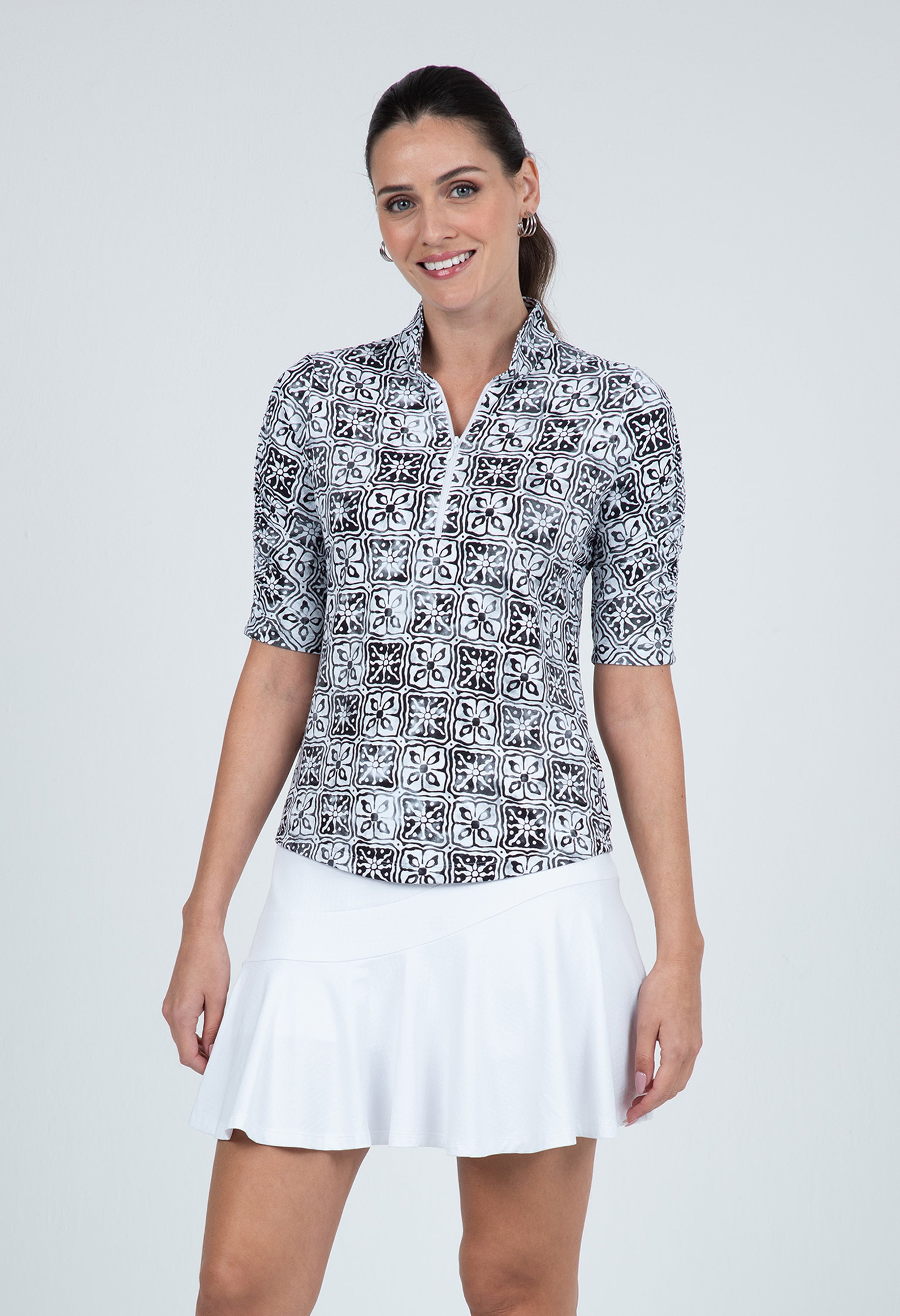 Kathy Print Ruched Elbow Length Sleeve Top