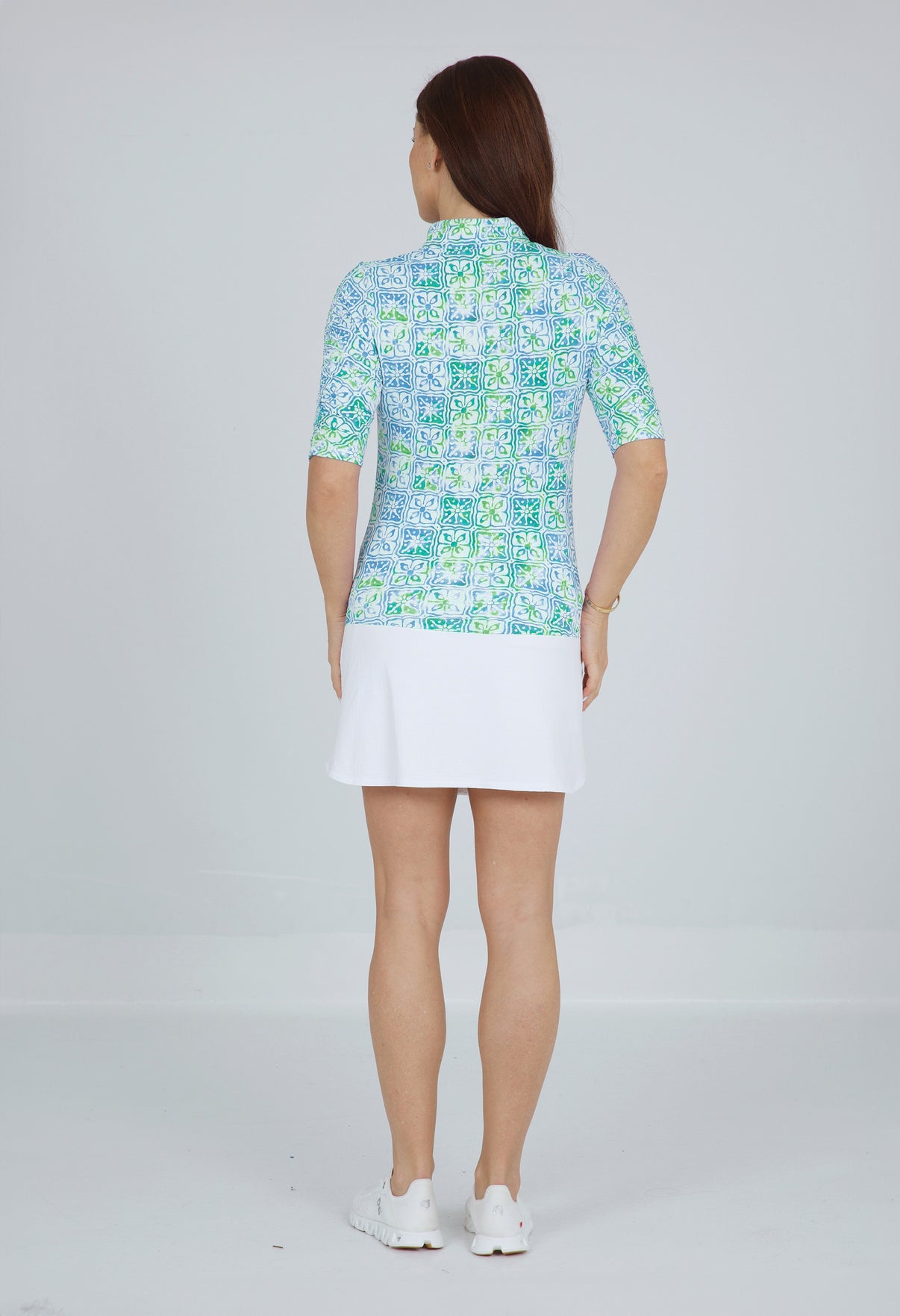 IBKÜL - Kathy Print Ruched Elbow Length Sleeve Top – 41871 - Color: Turquoise/Lime