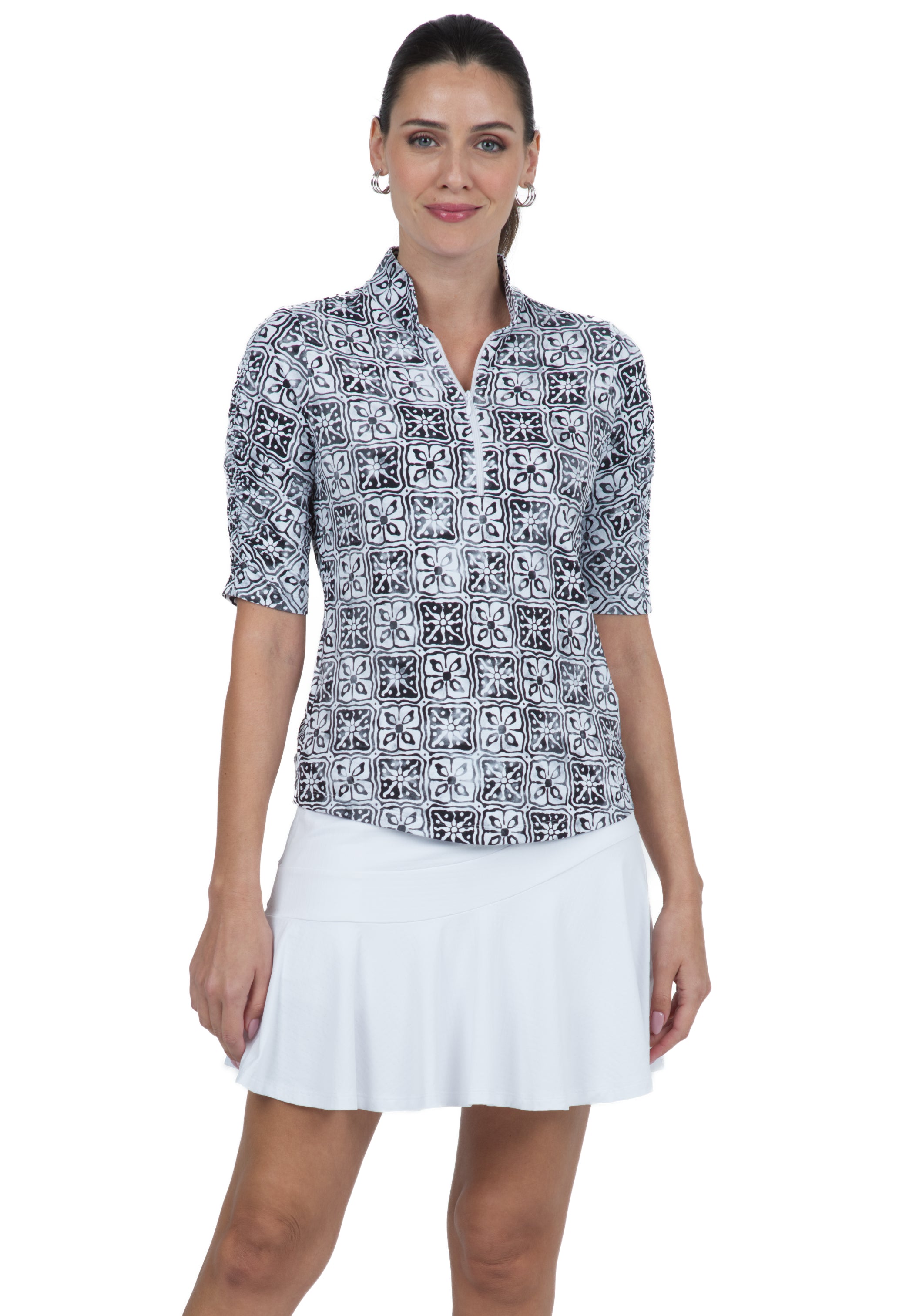 IBKÜL - Kathy Print Ruched Elbow Length Sleeve Top – 41871 - Color: Black/Grey