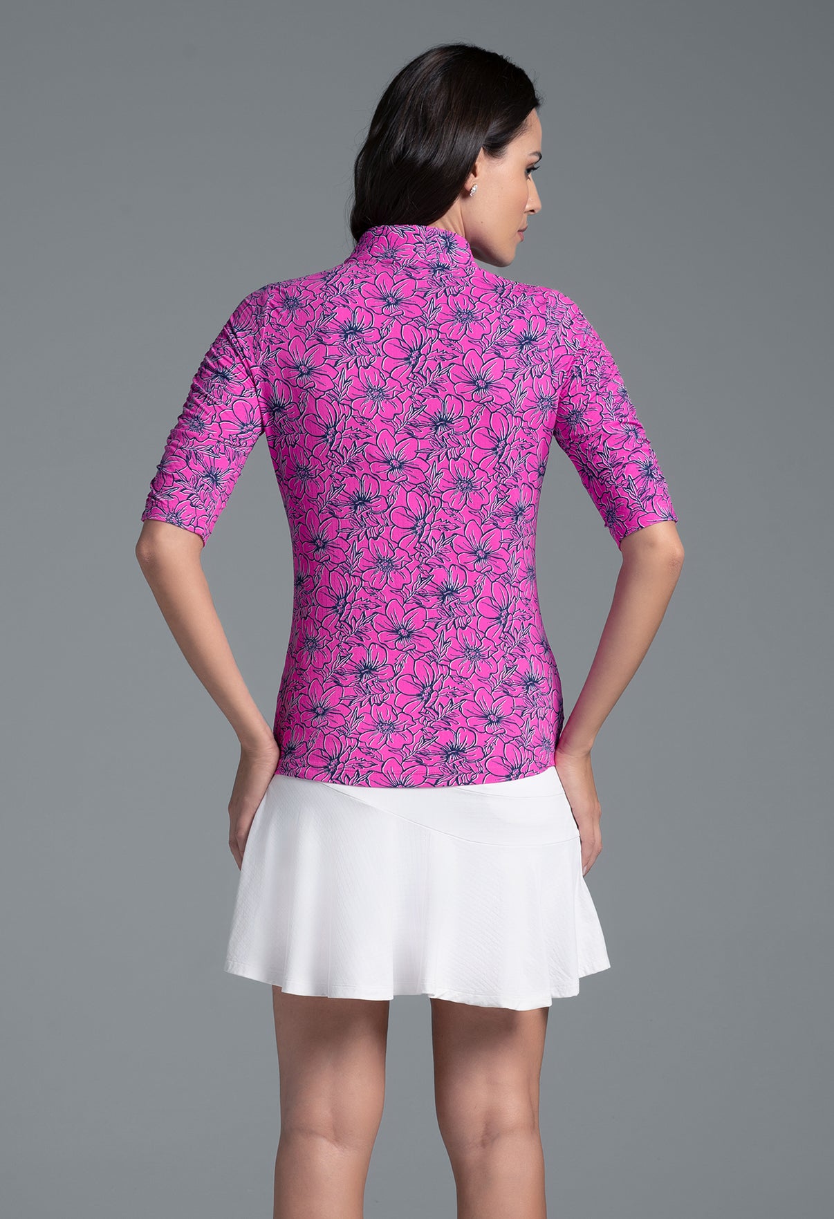 IBKÜL - Diana Print Ruched Elbow Sleeve Top - 41930 - Color: Hot Pink/Navy