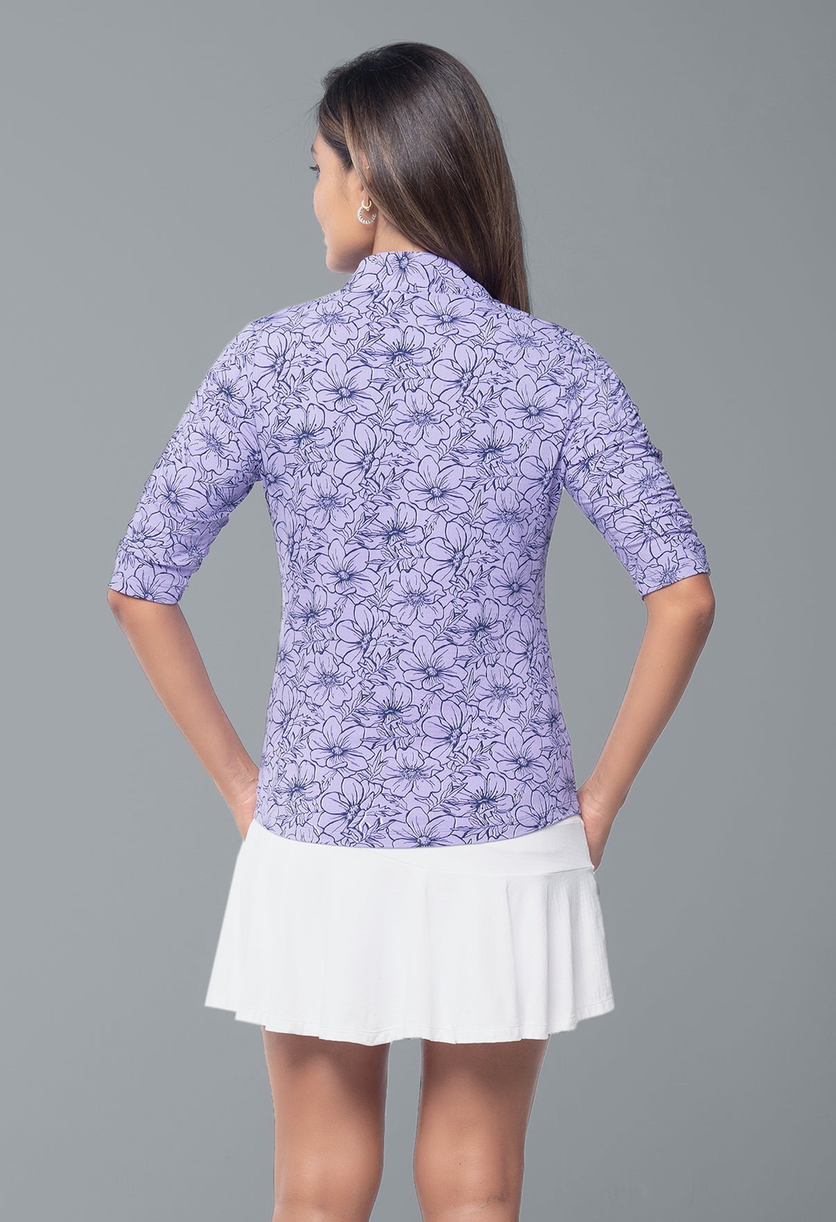 IBKÜL - Diana Print Ruched Elbow Sleeve Top - 41930 - Color: Lavender/Navy