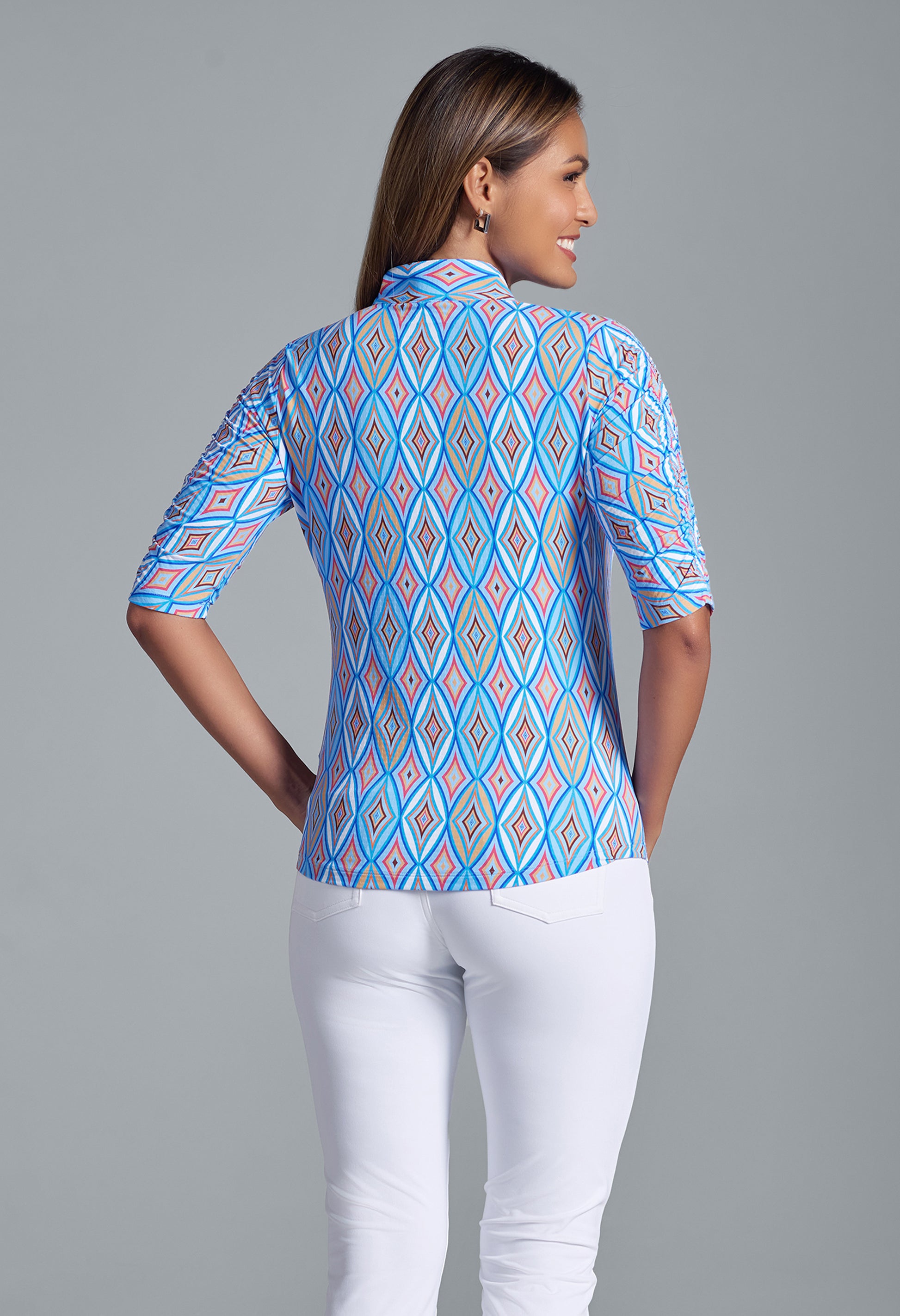 IBKÜL - Romina Print Ruched Elbow Sleeve Top - 41931 - Color: Blue Multi