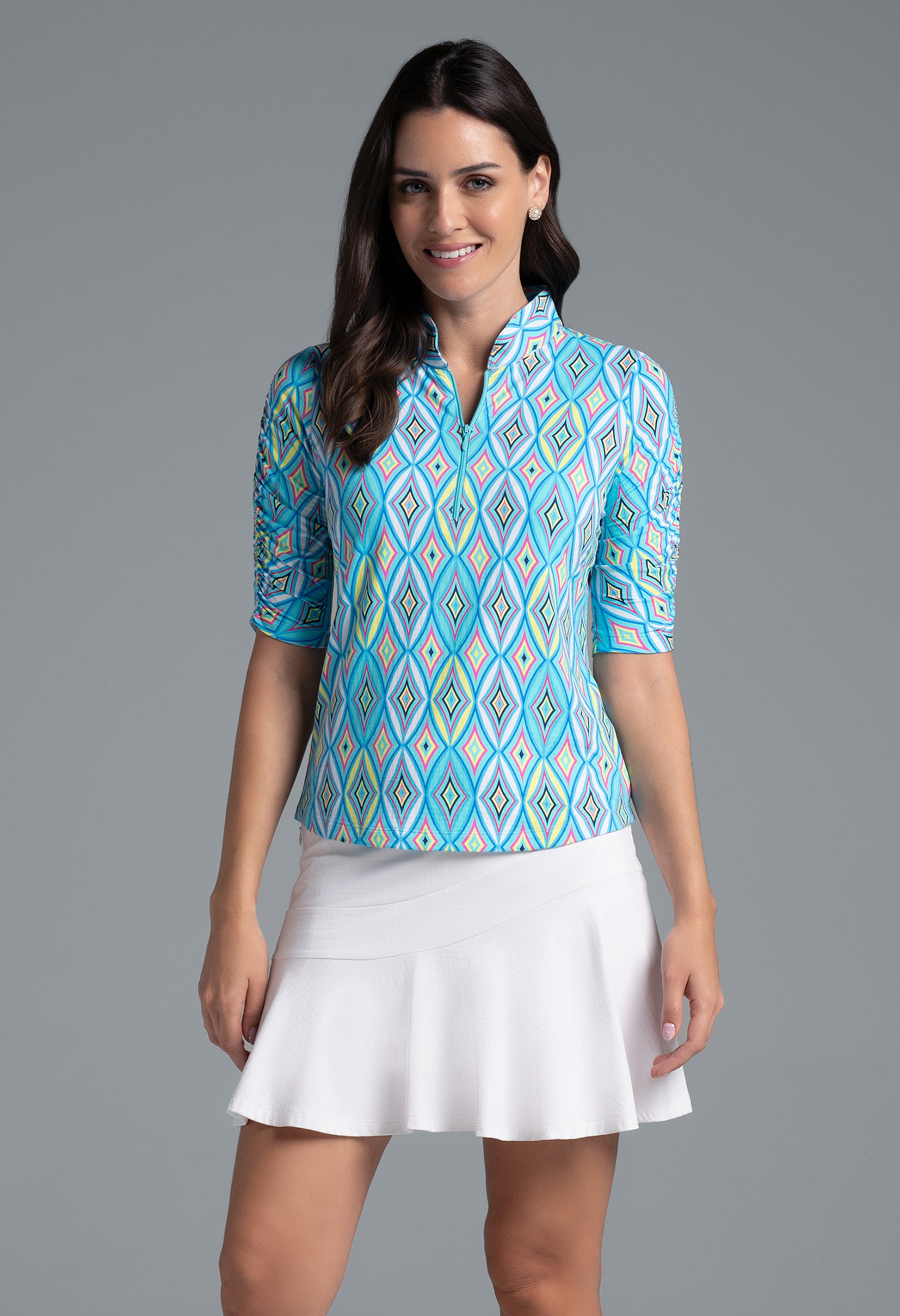 IBKÜL - Romina Print Ruched Elbow Sleeve Top - 41931 - Color: Seafoam Multi