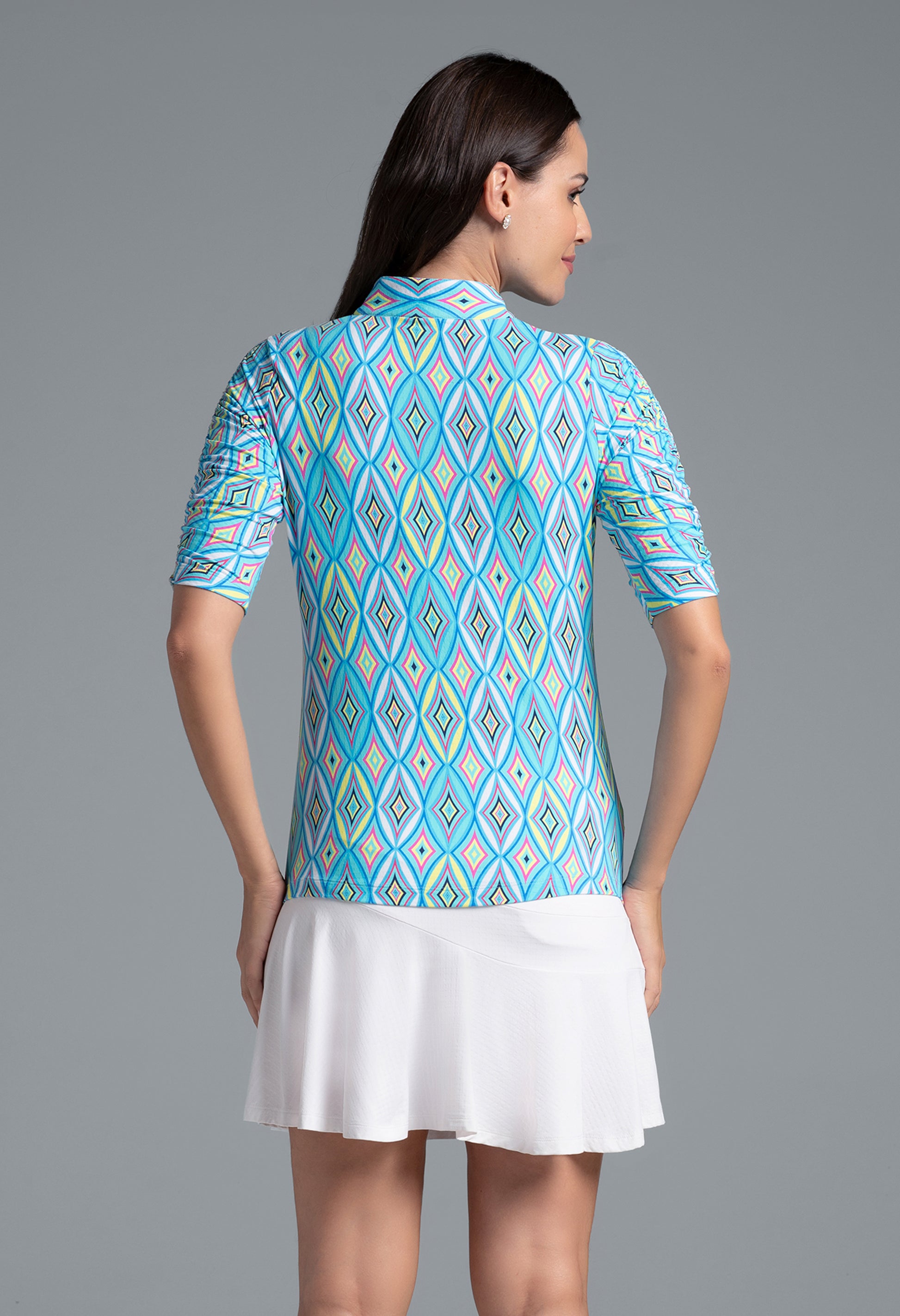 IBKÜL - Romina Print Ruched Elbow Sleeve Top - 41931 - Color: Seafoam Multi