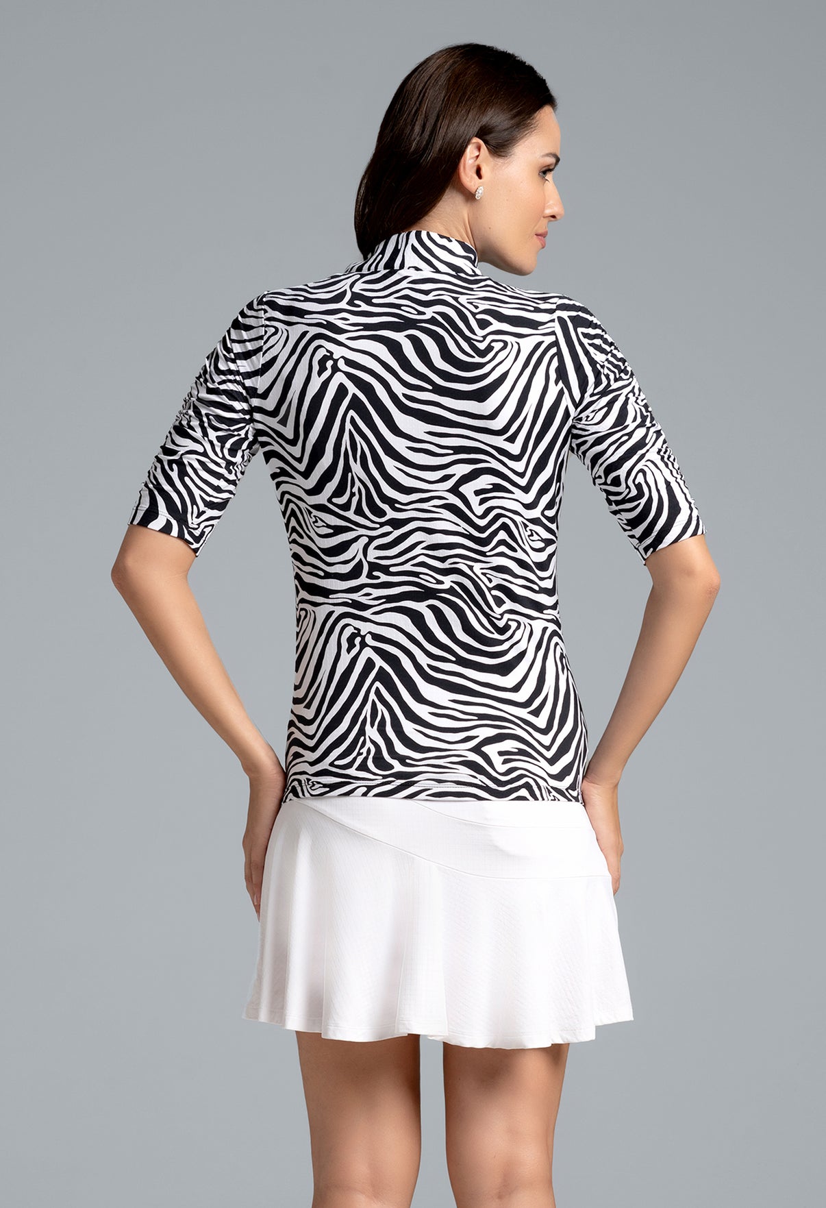 IBKÜL - Cecilia Print Ruched Elbow Sleeve Top - 41932 - Color: Black/White