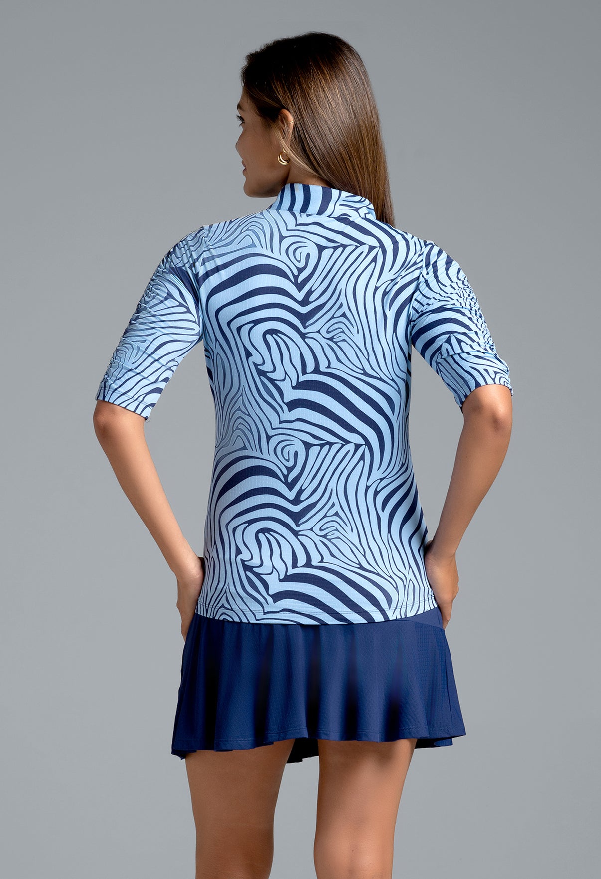 IBKÜL - Cecilia Print Ruched Elbow Sleeve Top - 41932 - Color: Navy/Peri