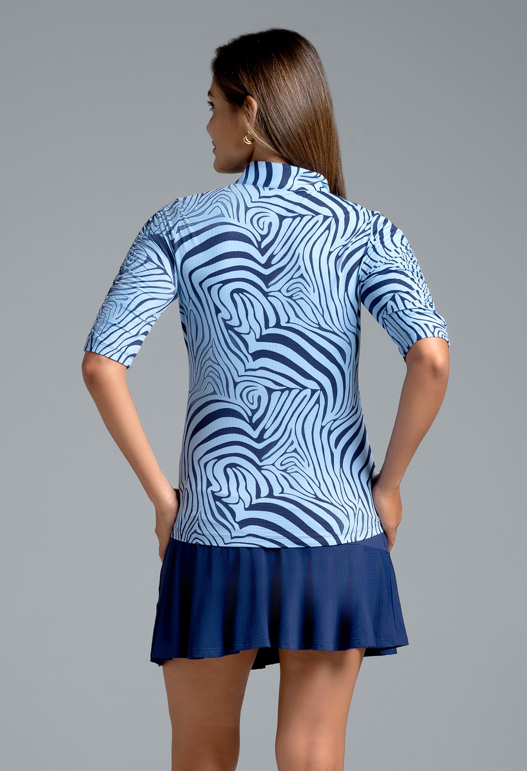 IBKÜL - Cecilia Print Ruched Elbow Sleeve Top - 41932 - Color: Navy/Peri