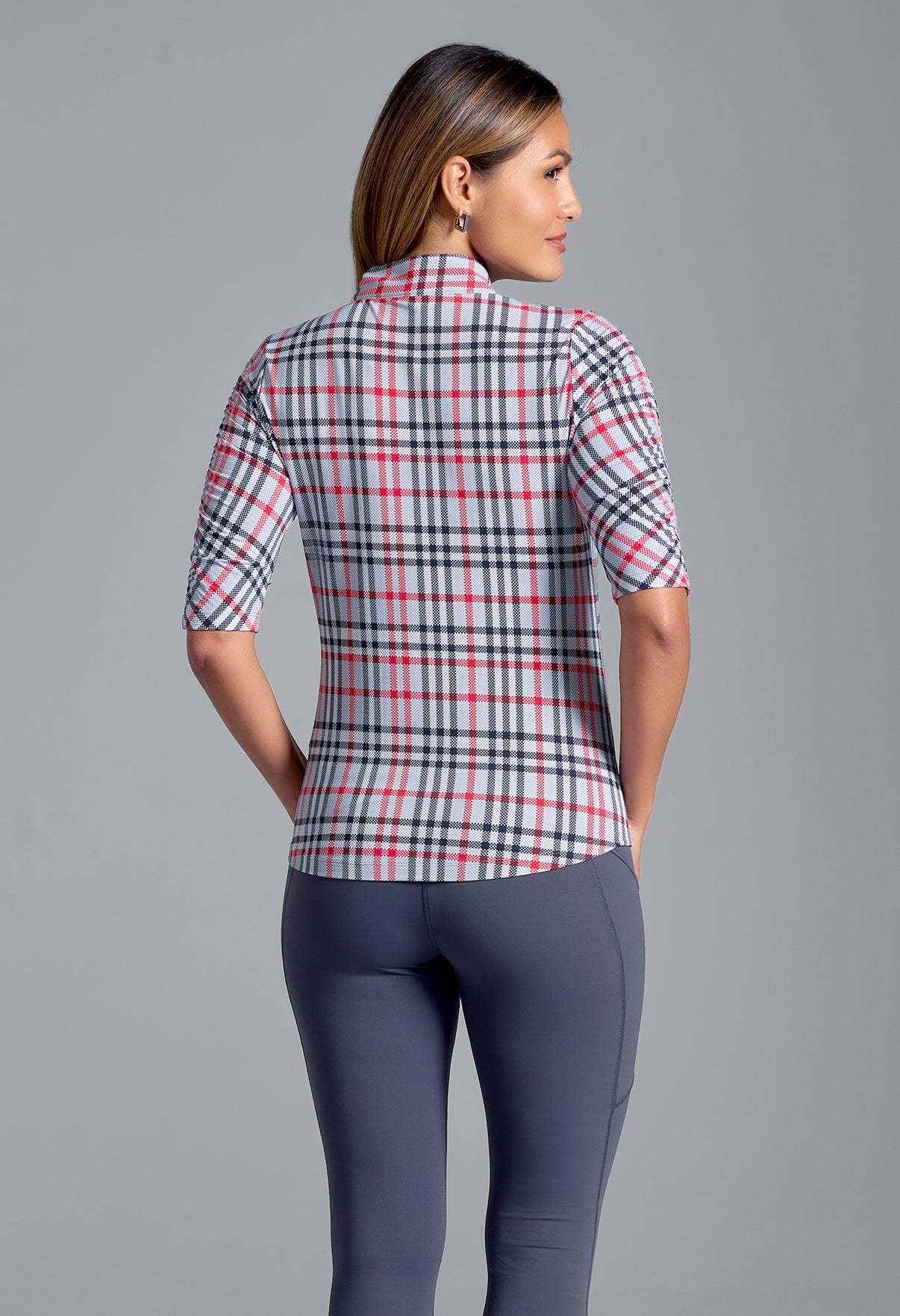 IBKÜL - Judith Print Ruched Elbow Sleeve Top - 41934 - Color: Grey/Red