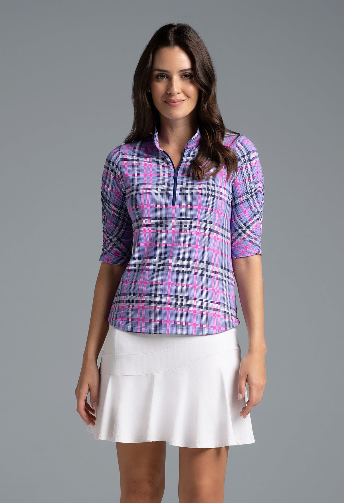 IBKÜL - Judith Print Ruched Elbow Sleeve Top - 41934 - Color: Lavender/Hot Pink