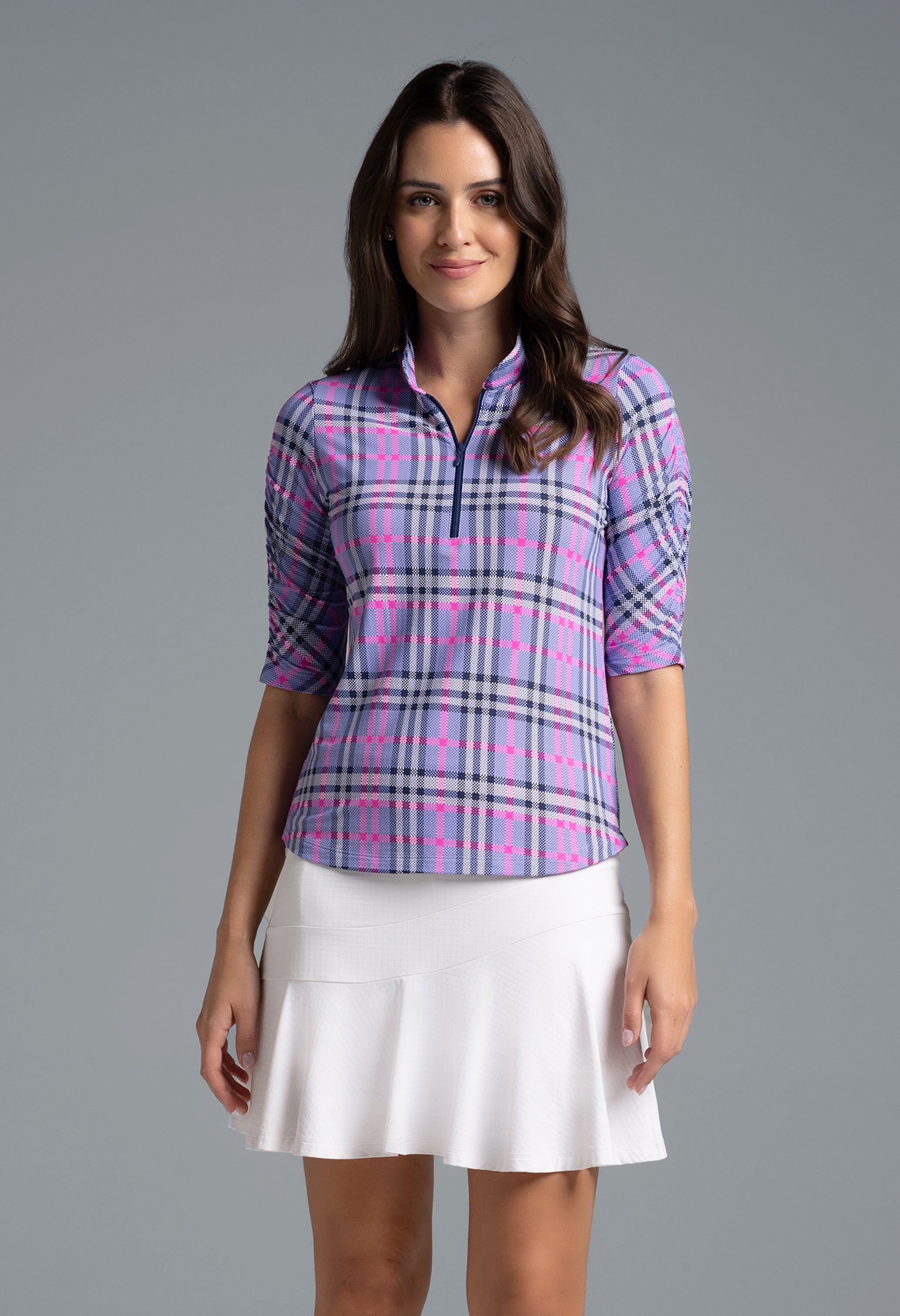IBKÜL - Judith Print Ruched Elbow Sleeve Top - 41934 - Color: Lavender/Hot Pink