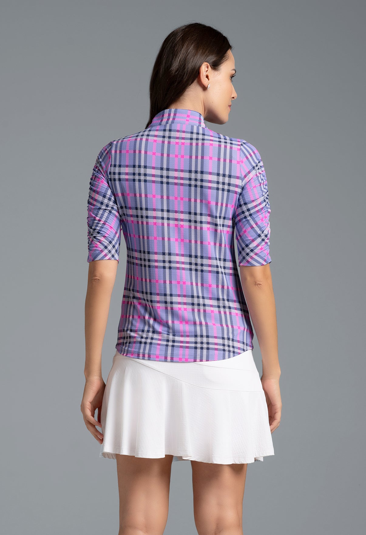 IBKÜL - Judith Print Ruched Elbow Sleeve Top - 41934 - Color: Lavender/Hot Pink