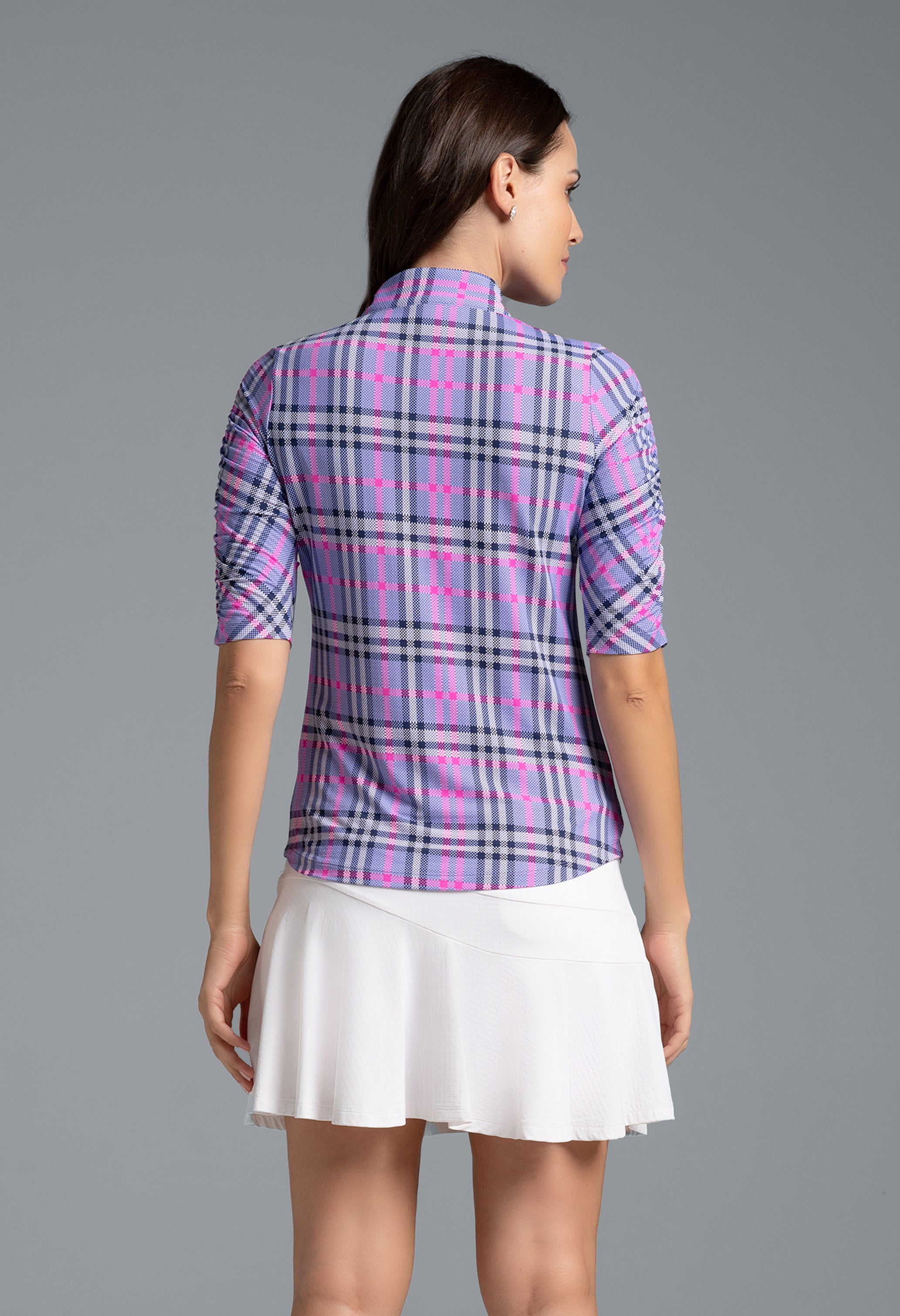 IBKÜL - Judith Print Ruched Elbow Sleeve Top - 41934 - Color: Lavender/Hot Pink
