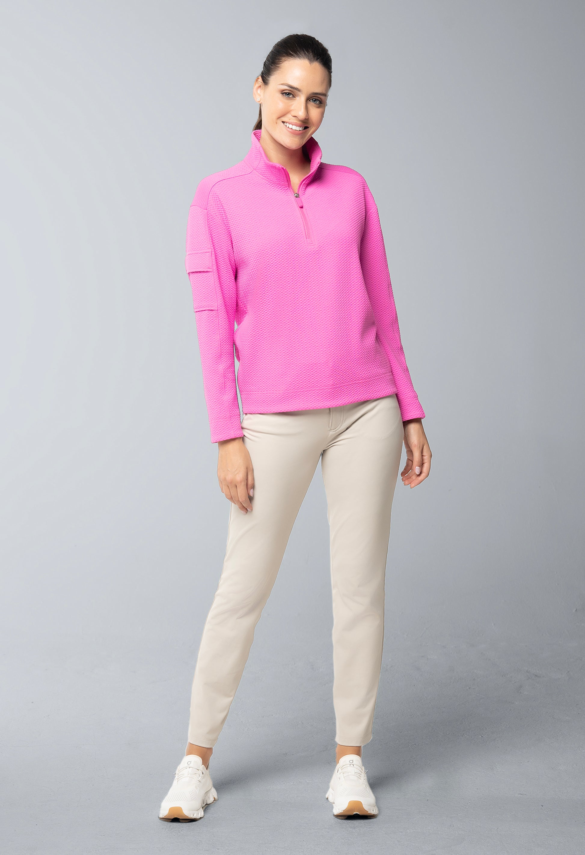 IBKÜL - Solid Popcorn Stitch 1/4 Zip Pullover - 42000 - Color: Hot Pink