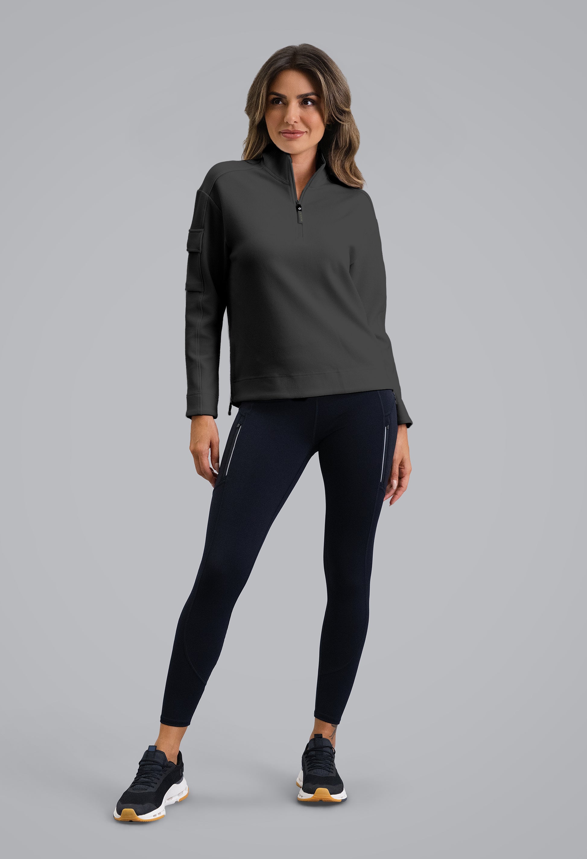 IBKÜL - Micro Waffle Knit 1/4 Zip Pullover - Color: Black Heather