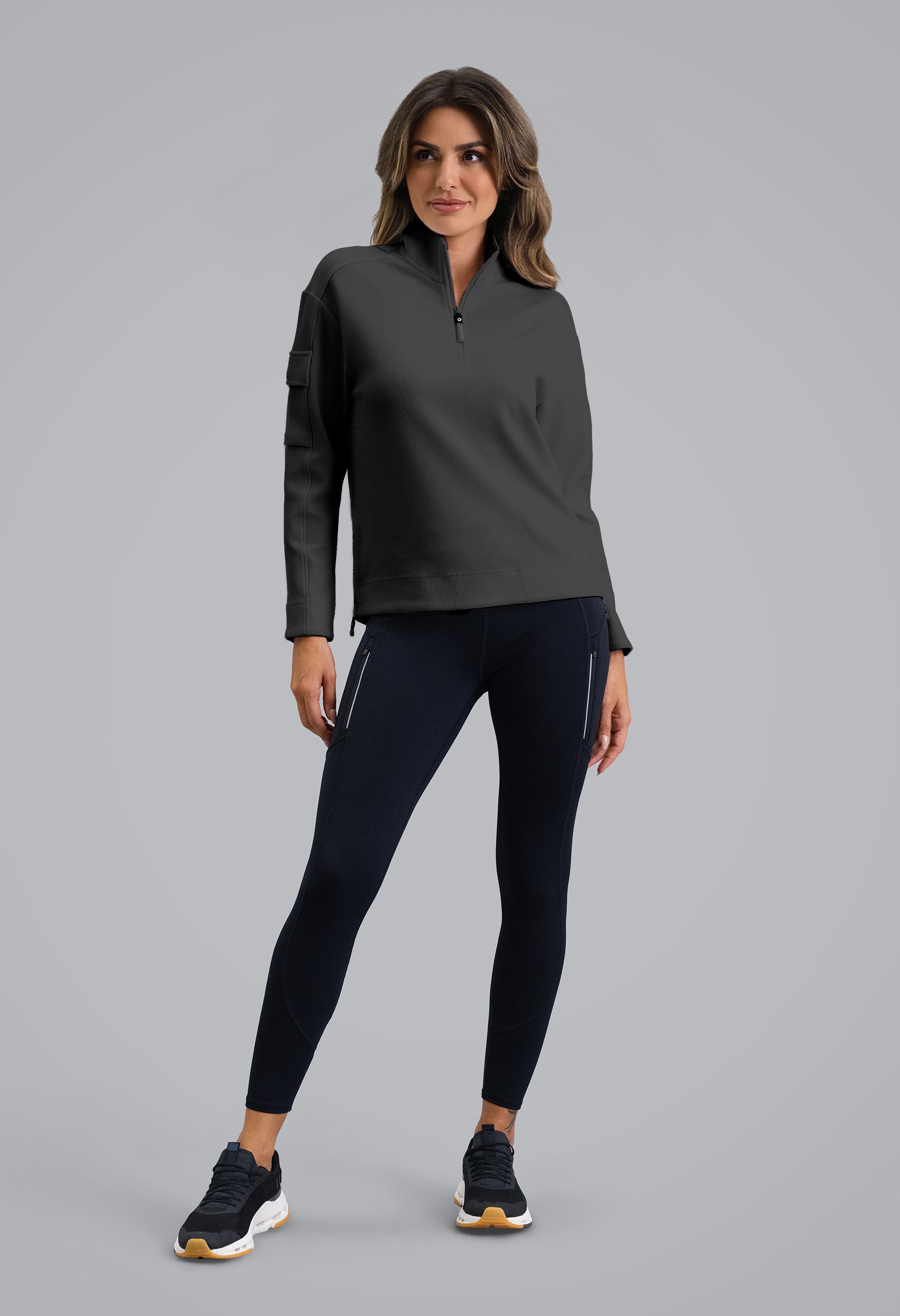 IBKÜL - Micro Waffle Knit 1/4 Zip Pullover - Color: Black Heather