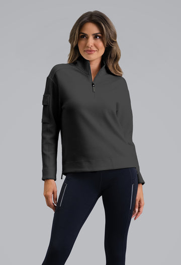 IBKÜL - Micro Waffle Knit 1/4 Zip Pullover - Color: Black Heather