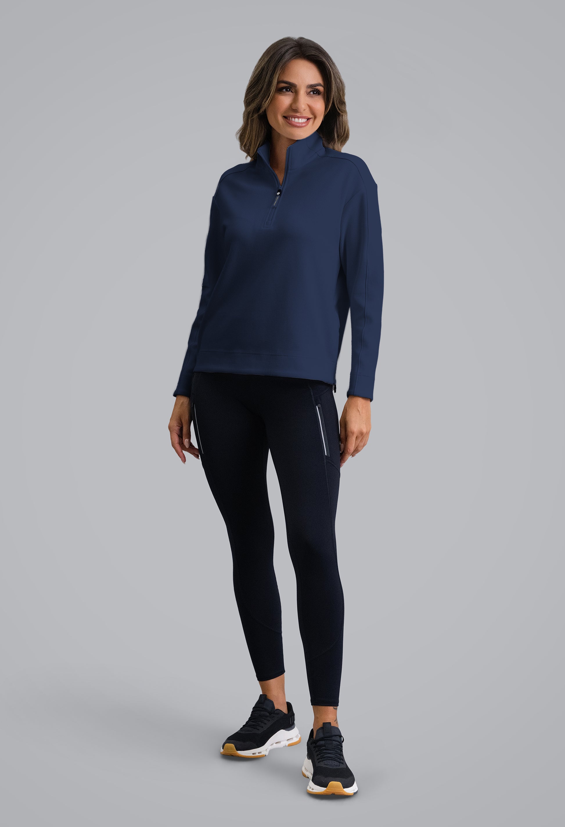 IBKÜL - Micro Waffle Knit 1/4 Zip Pullover - Color: Classic Navy Heather