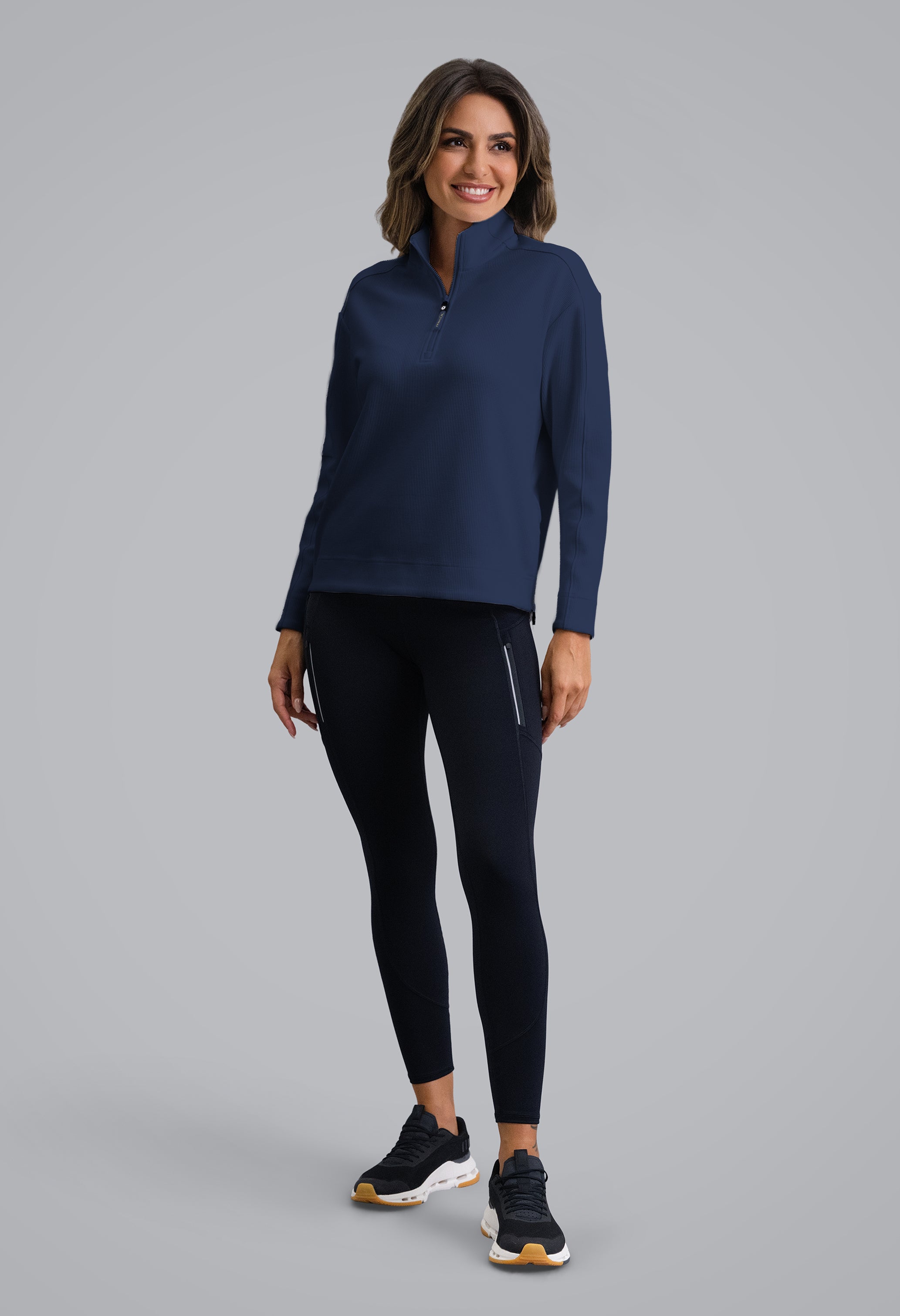 IBKÜL - Micro Waffle Knit 1/4 Zip Pullover - Color: Classic Navy Heather