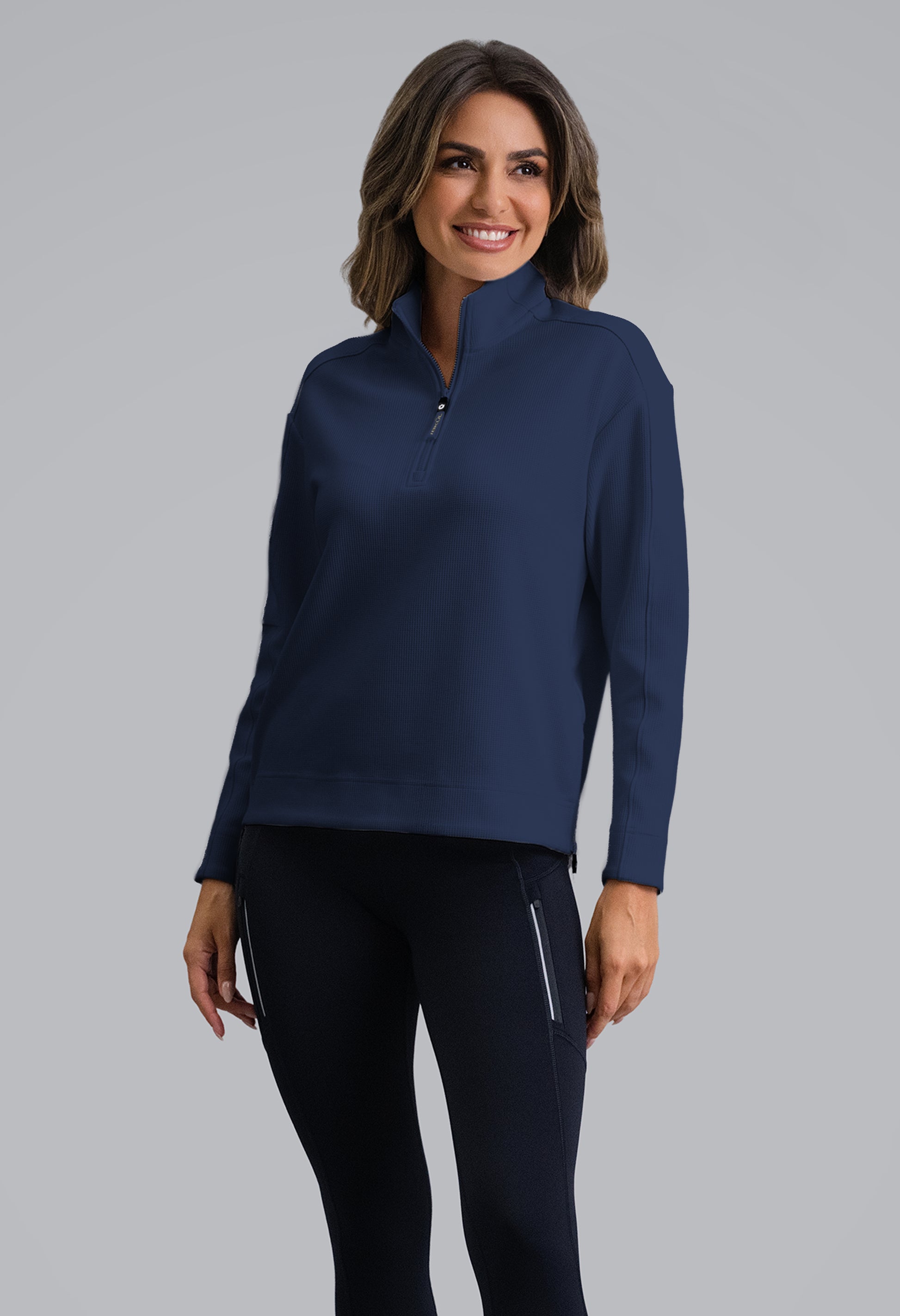 IBKÜL - Micro Waffle Knit 1/4 Zip Pullover - Color: Classic Navy Heather