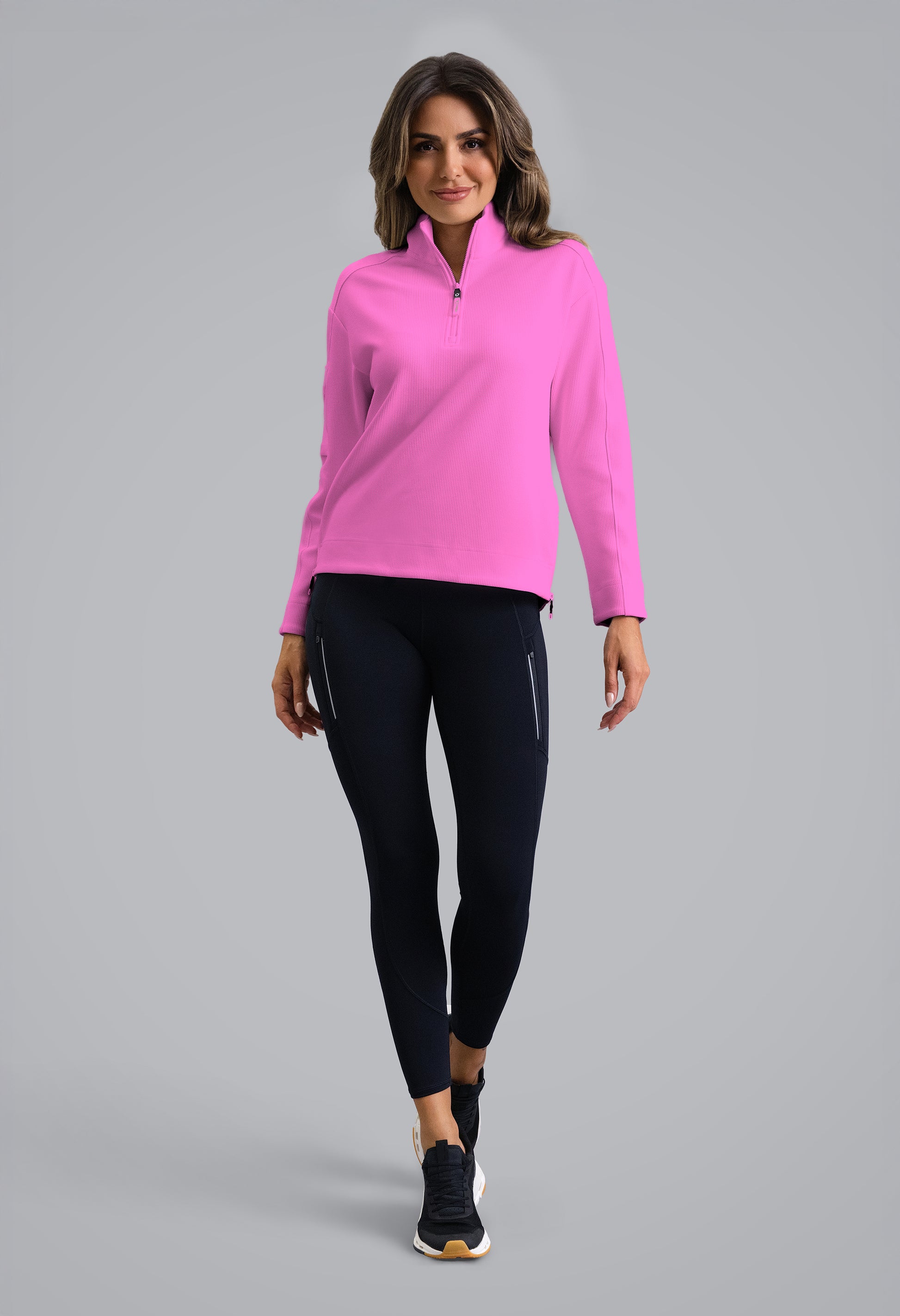 IBKÜL - Micro Waffle Knit 1/4 Zip Pullover - Color: Hot Pink Heather