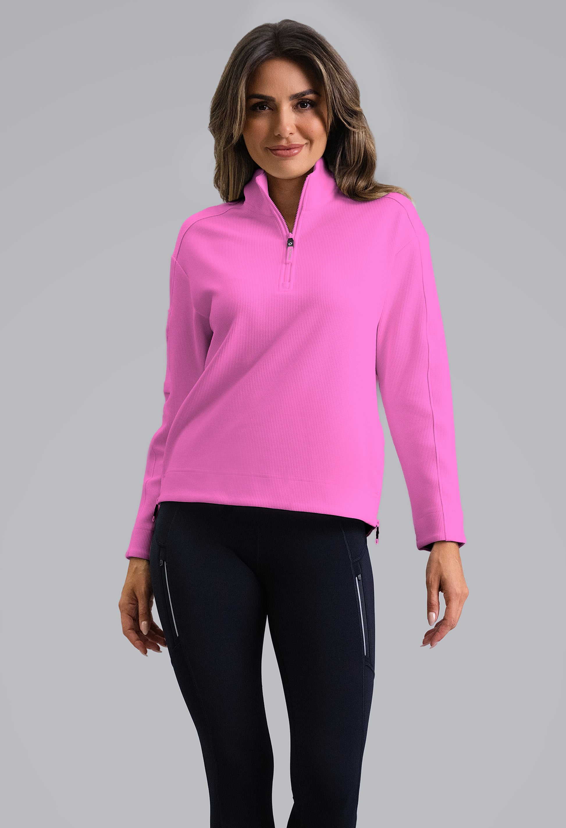 IBKÜL - Micro Waffle Knit 1/4 Zip Pullover - Color: Hot Pink Heather