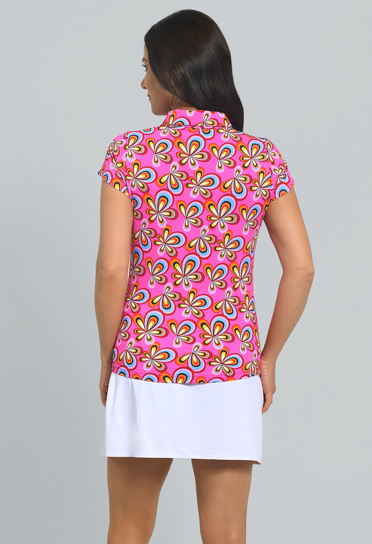 IBKÜL - Arya Print Tulip Sleeve Polo - Color: Hot Pink Multi