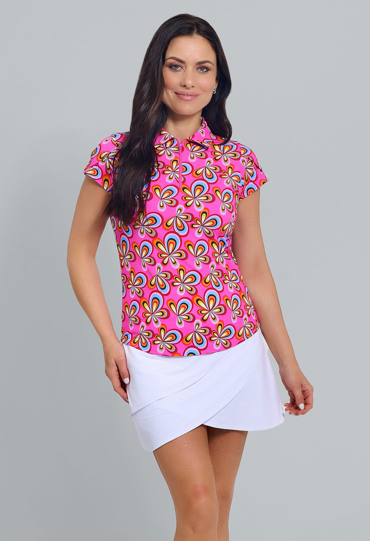 IBKÜL - Arya Print Tulip Sleeve Polo - Color: Hot Pink Multi