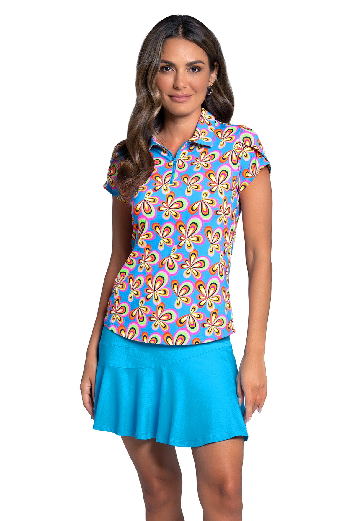 IBKÜL - Arya Print Tulip Sleeve Polo - Color: Turquoise Multi