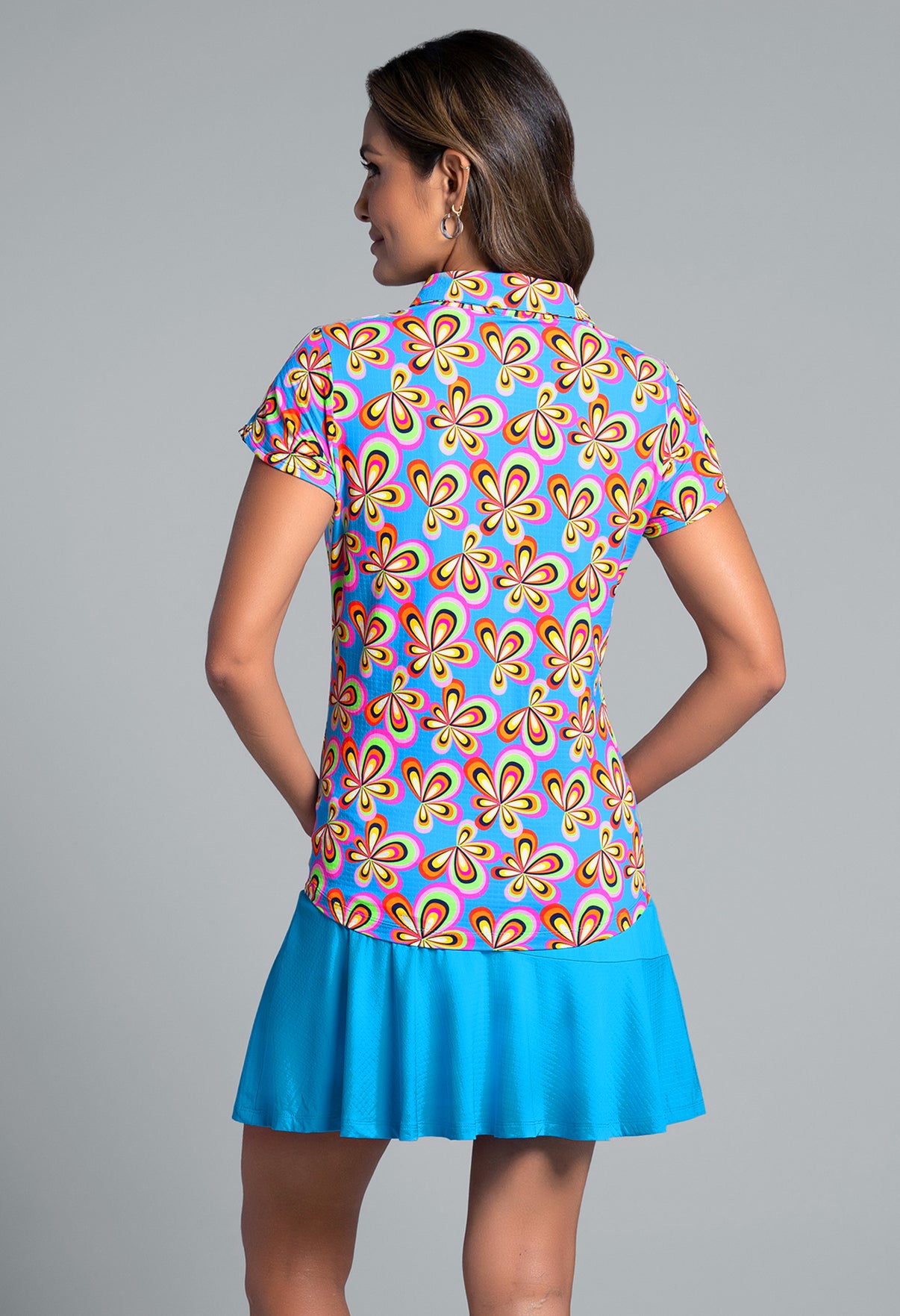 IBKÜL - Arya Print Tulip Sleeve Polo - Color: Turquoise Multi