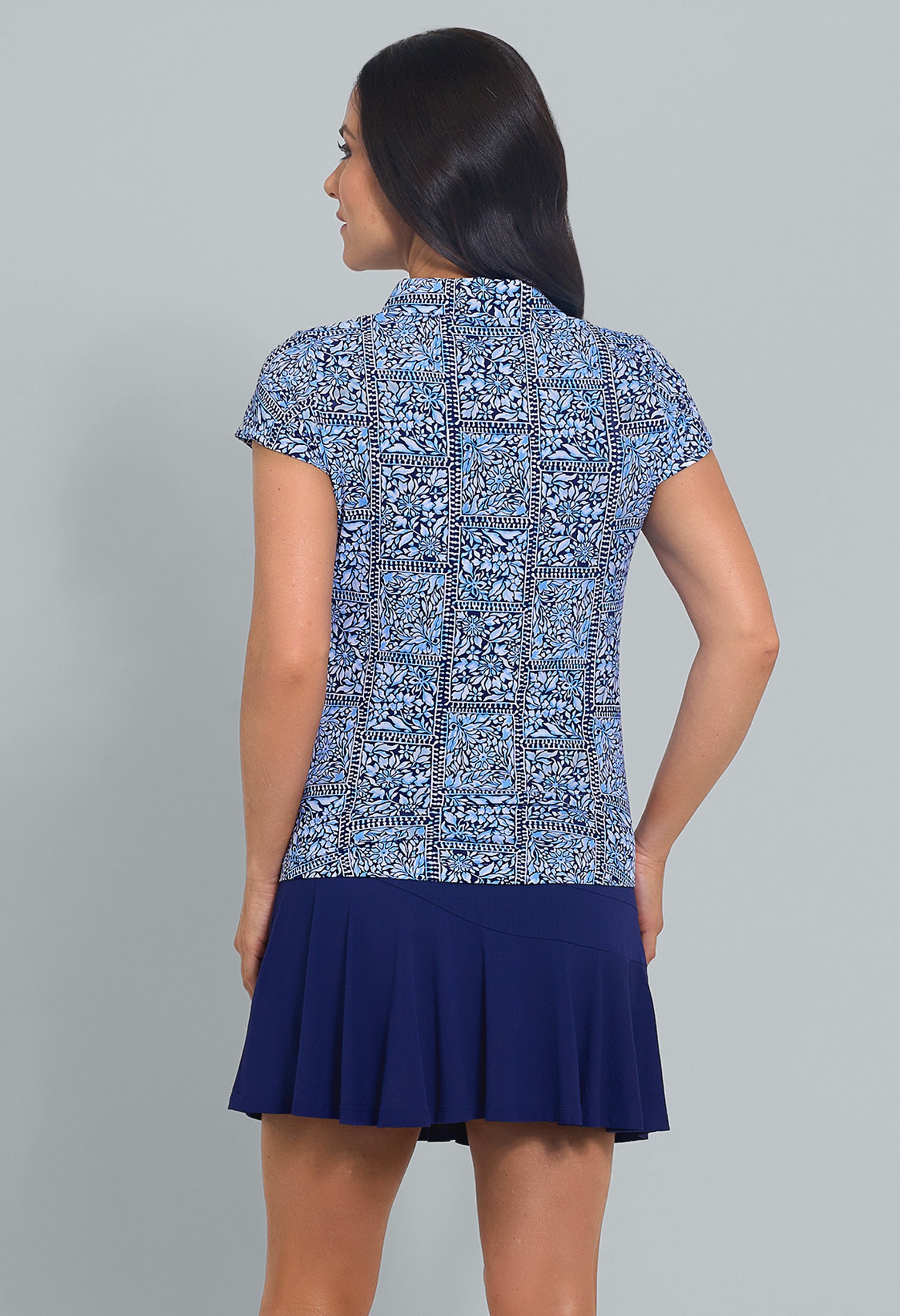 IBKÜL - Josie Print Tulip Sleeve Polo - Color: Navy/Peri