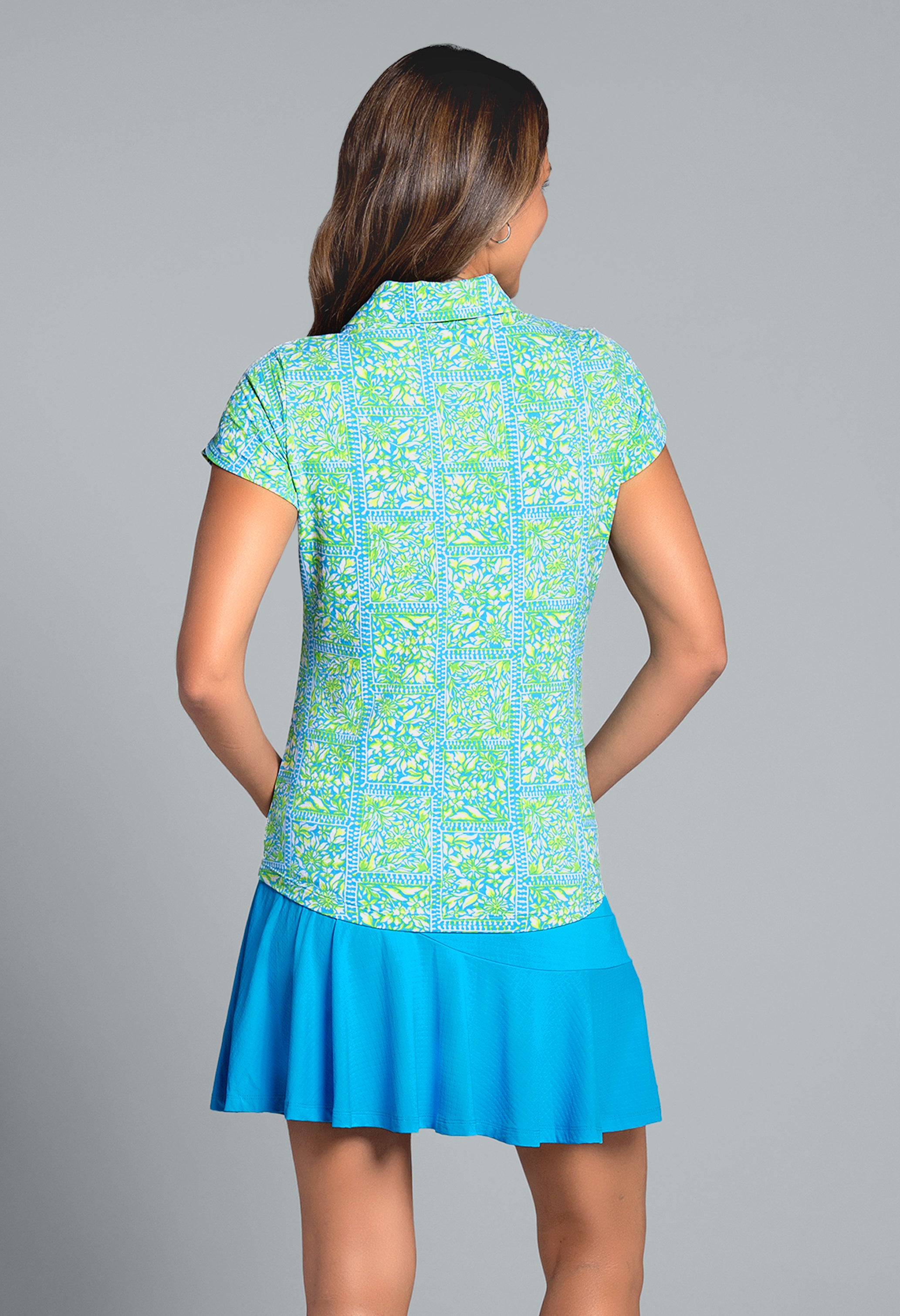 IBKÜL - Josie Print Tulip Sleeve Polo - Color: Turquoise/Lime