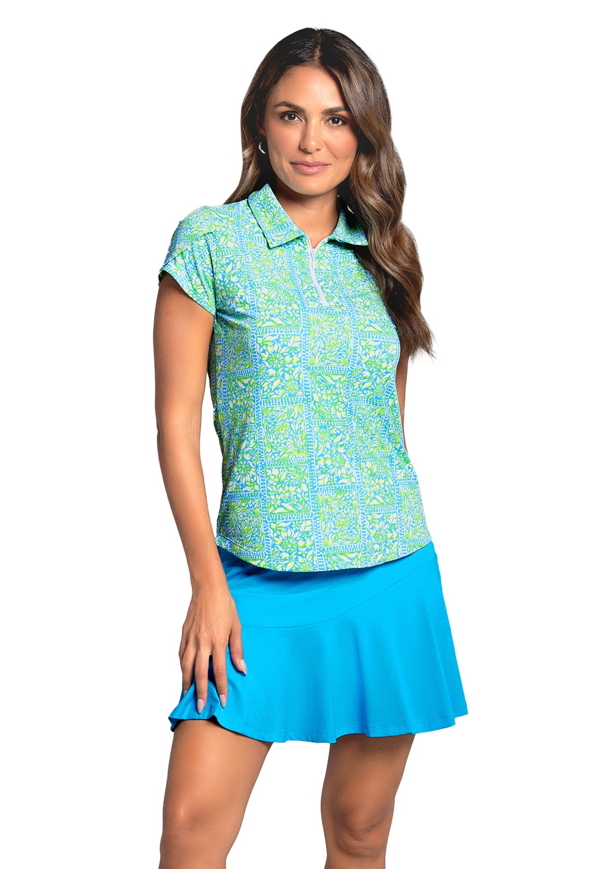 IBKÜL - Josie Print Tulip Sleeve Polo - Color: Turquoise/Lime