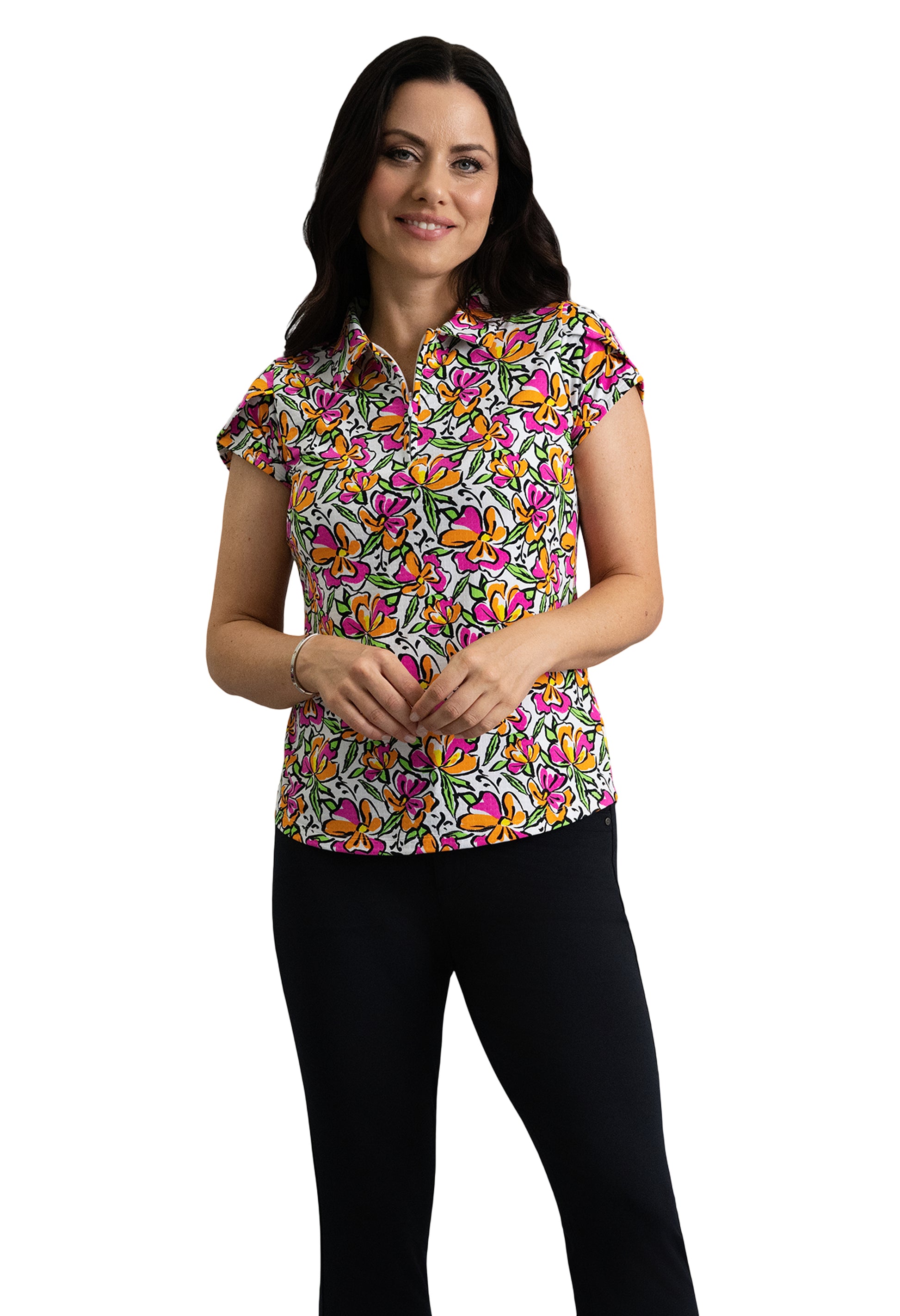 IBKÜL - Sonia Tulip Sleeve Polo - Color: Hot Pink/Orange Peel