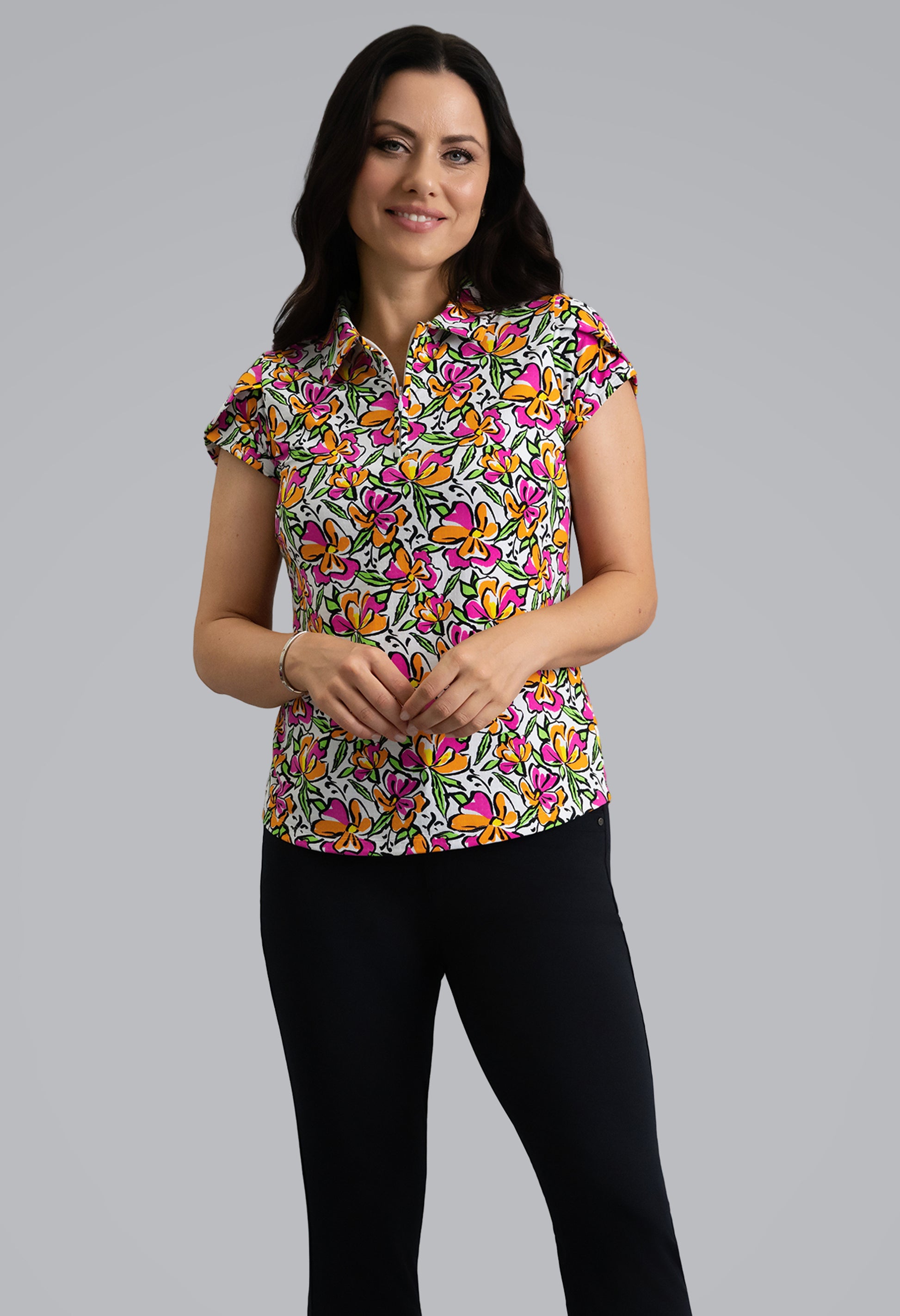 IBKÜL - Sonia Tulip Sleeve Polo - Color: Hot Pink/Orange Peel
