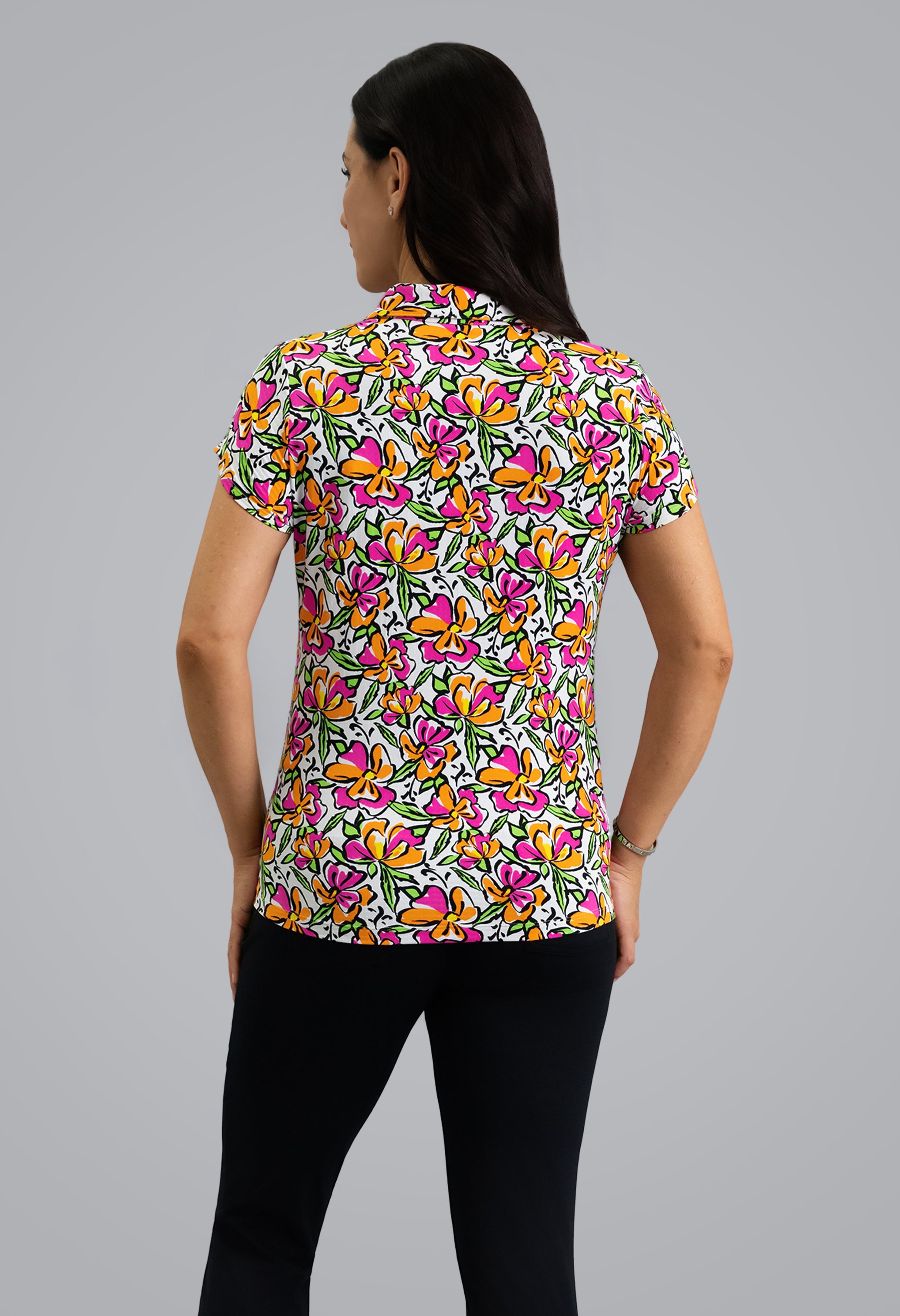 IBKÜL - Sonia Tulip Sleeve Polo - Color: Hot Pink/Orange Peel