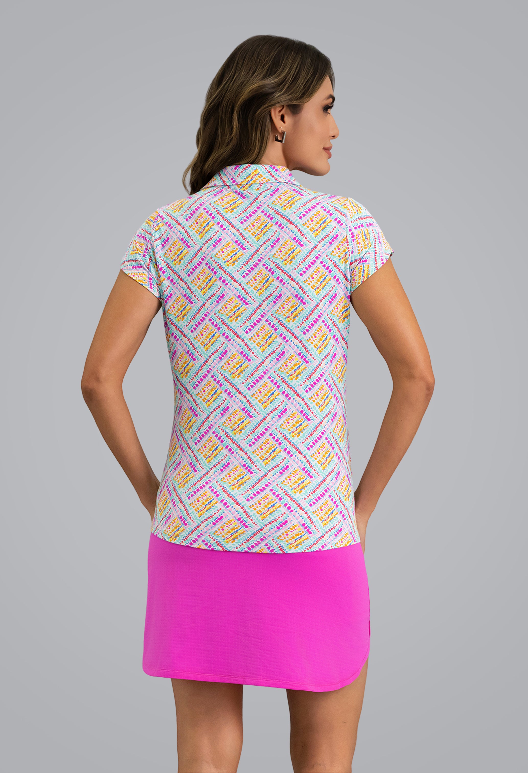 IBKÜL - Nina Tulip Sleeve Polo - Color: Hot Pink Multi
