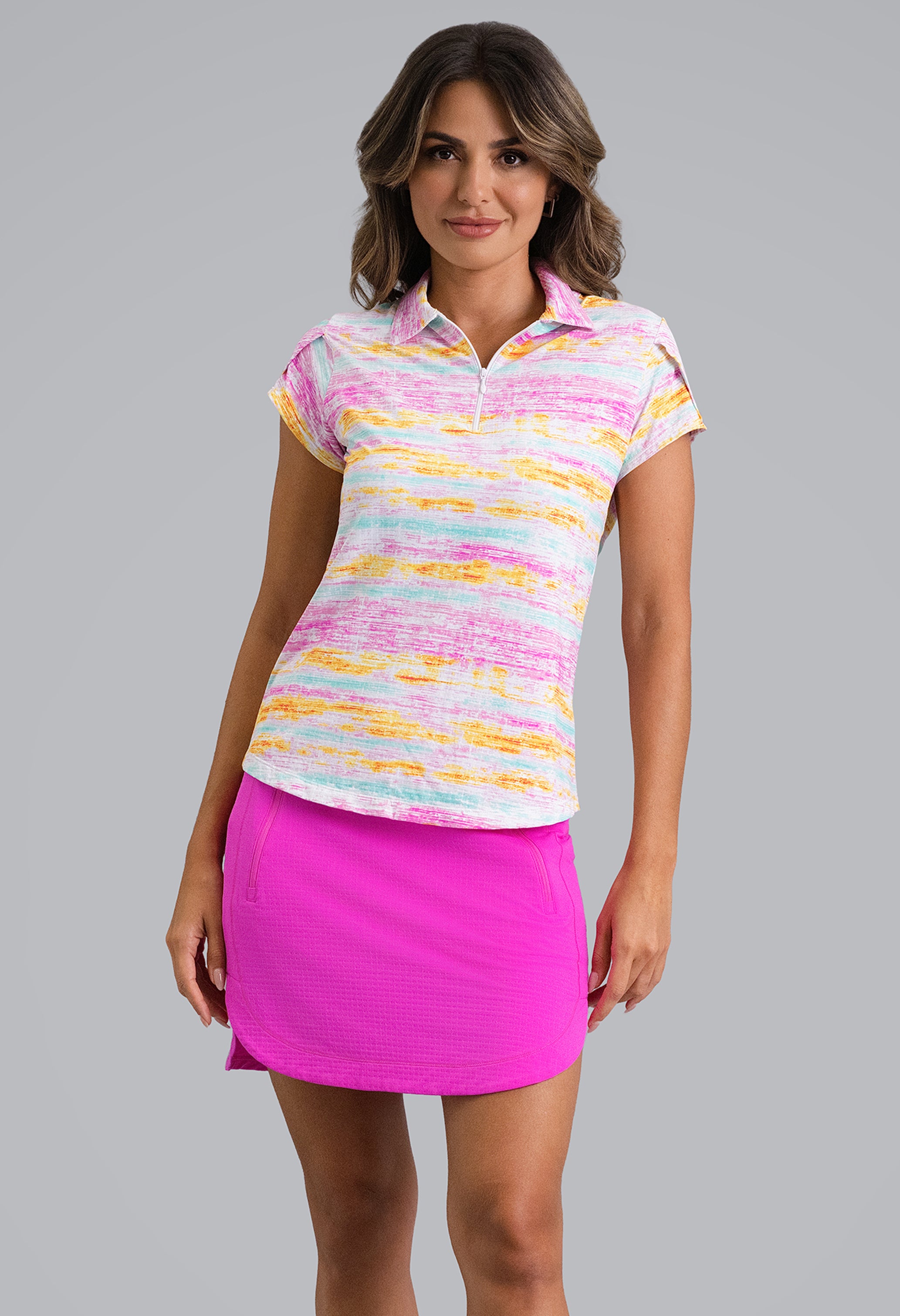IBKÜL - Gia Tulip Sleeve Top - Color: Hot Pink Multi
