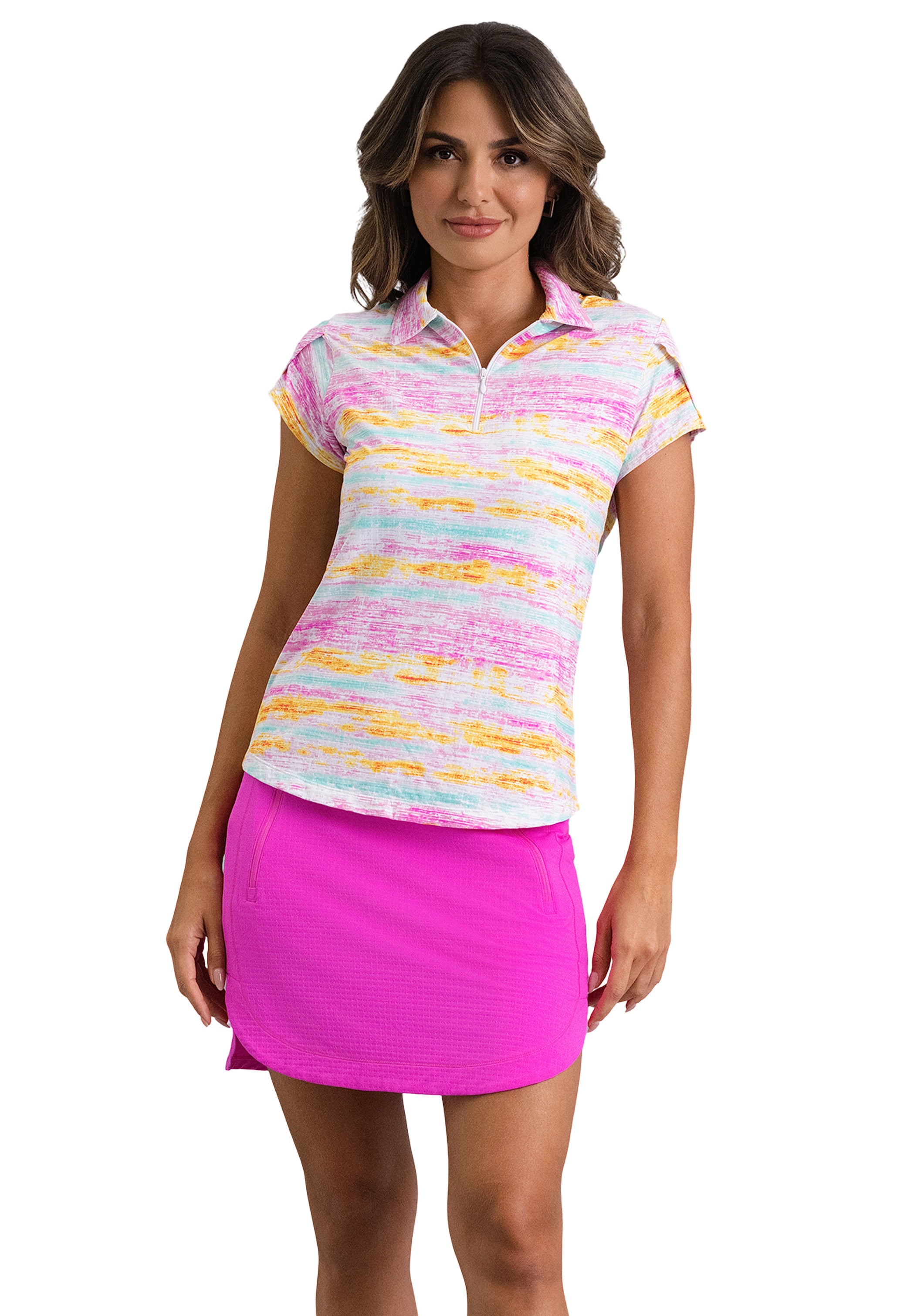 IBKÜL - Gia Tulip Sleeve Top - Color: Hot Pink Multi