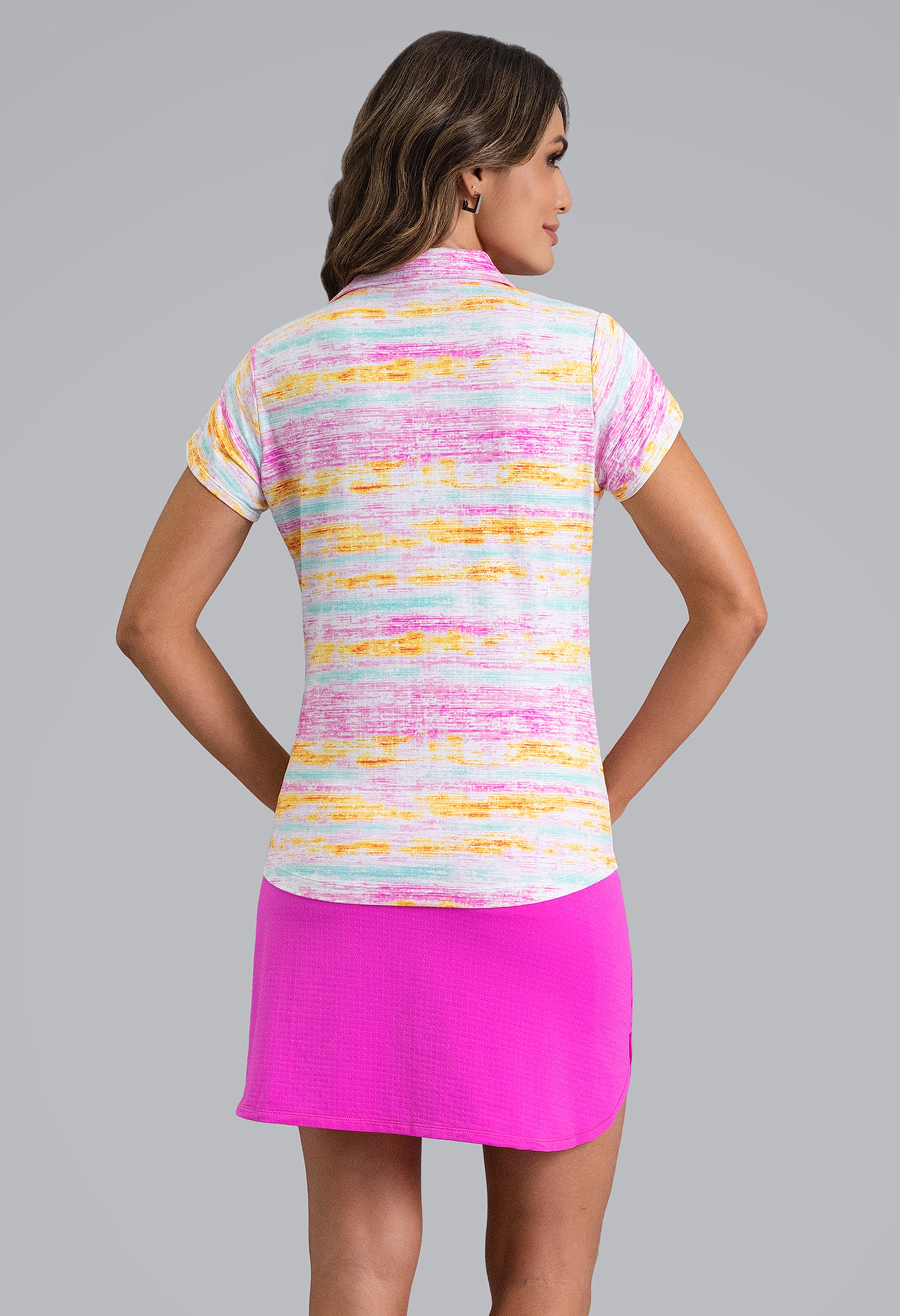 IBKÜL - Gia Tulip Sleeve Top - Color: Hot Pink Multi