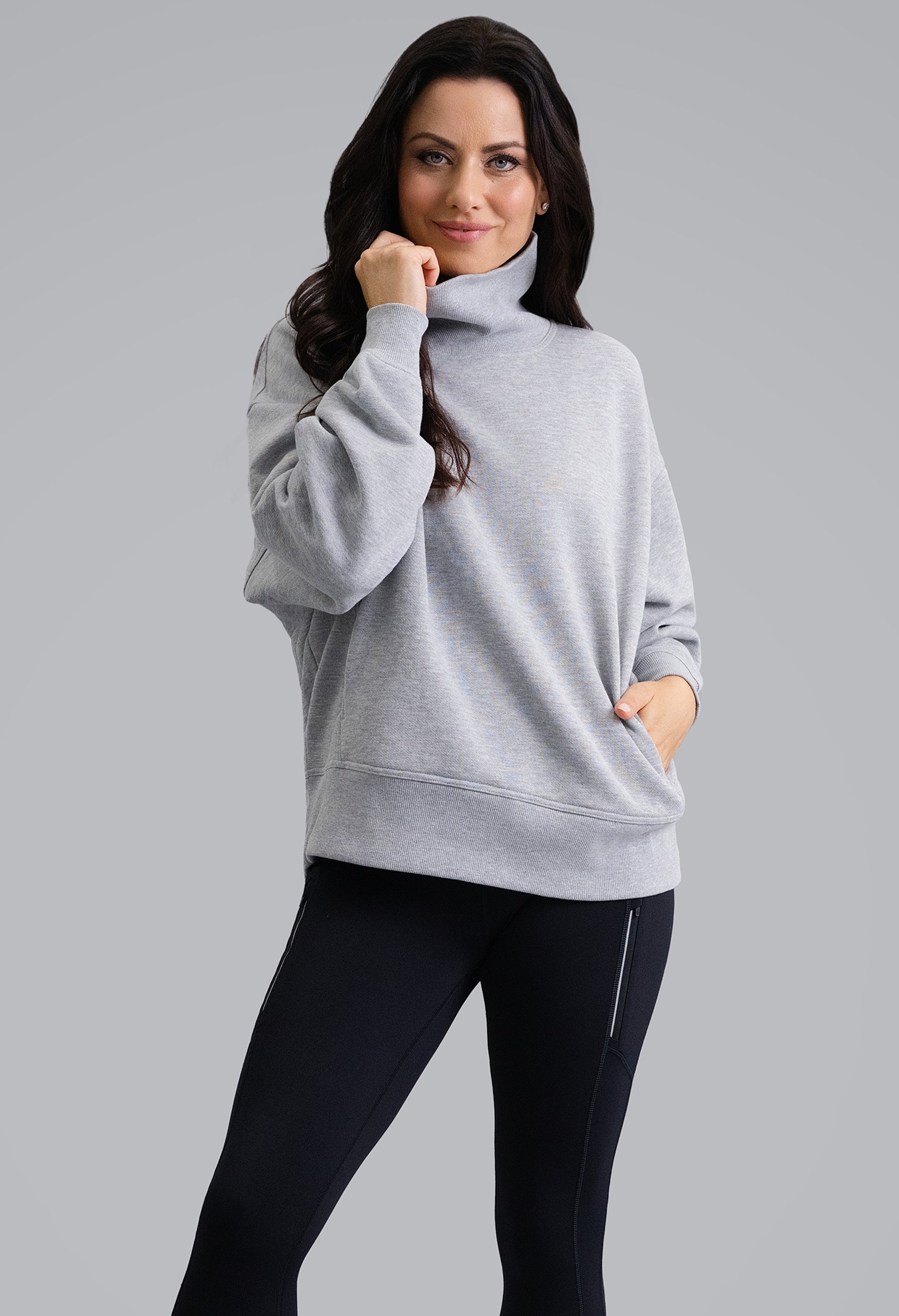 IBKÜL - Micro Waffle Knit Snuggle Funnel Pullover - Color: Oxford Heather