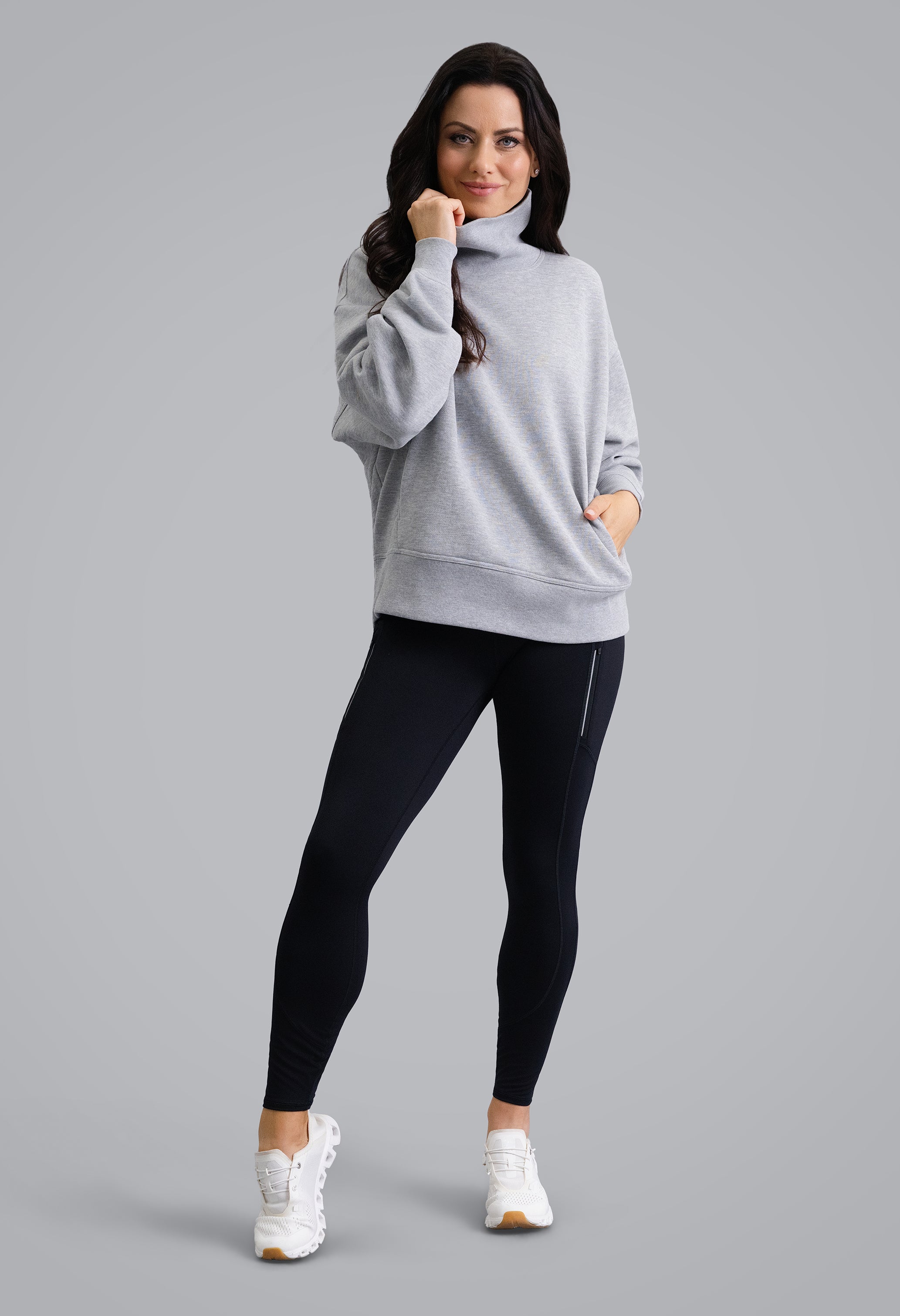 IBKÜL - Micro Waffle Knit Snuggle Funnel Pullover - Color: Oxford Heather