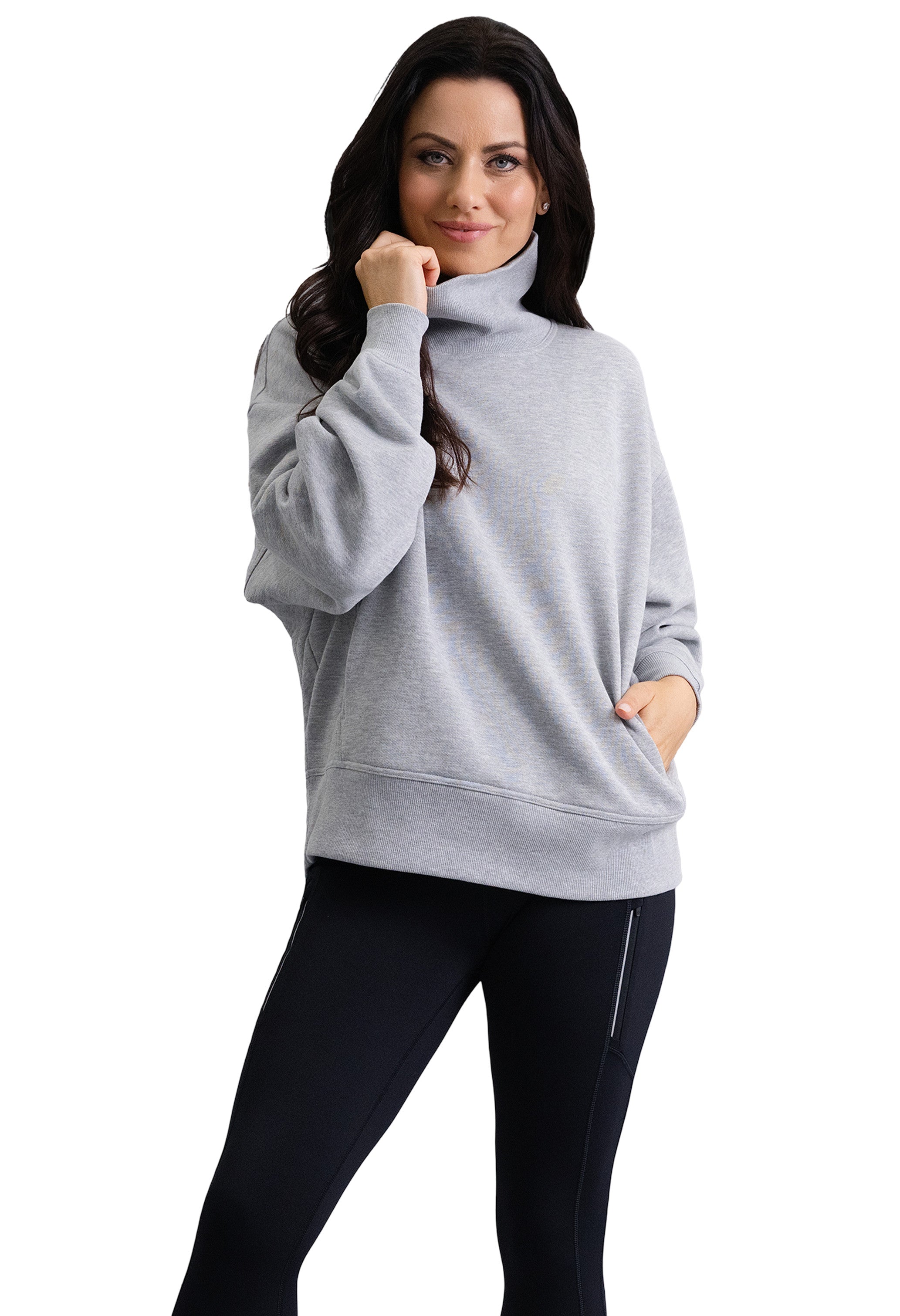 IBKÜL - Micro Waffle Knit Snuggle Funnel Pullover - Color: Oxford Heather