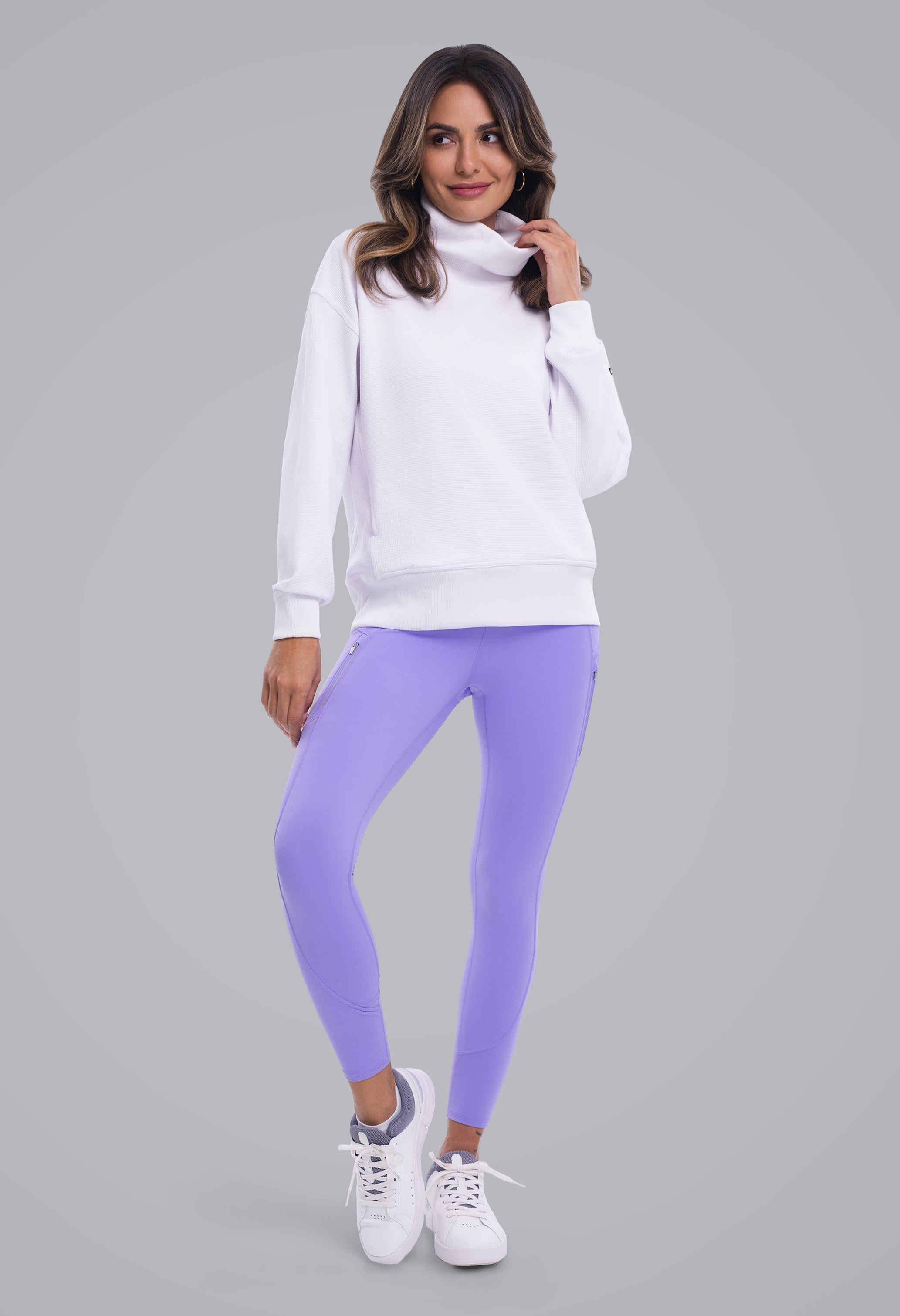 IBKÜL - Micro Waffle Knit Snuggle Funnel Pullover - Color: White