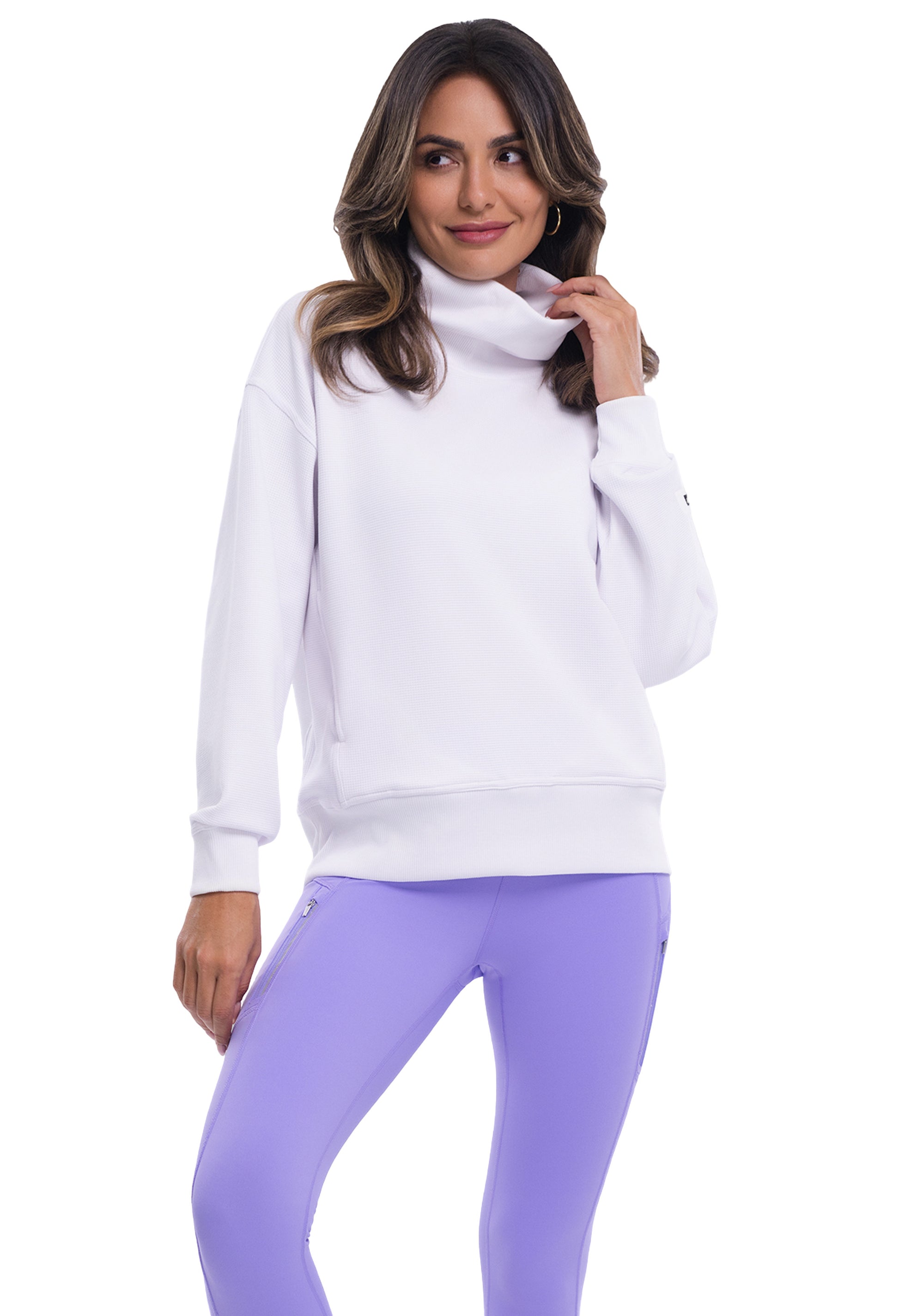 IBKÜL - Micro Waffle Knit Snuggle Funnel Pullover - Color: White