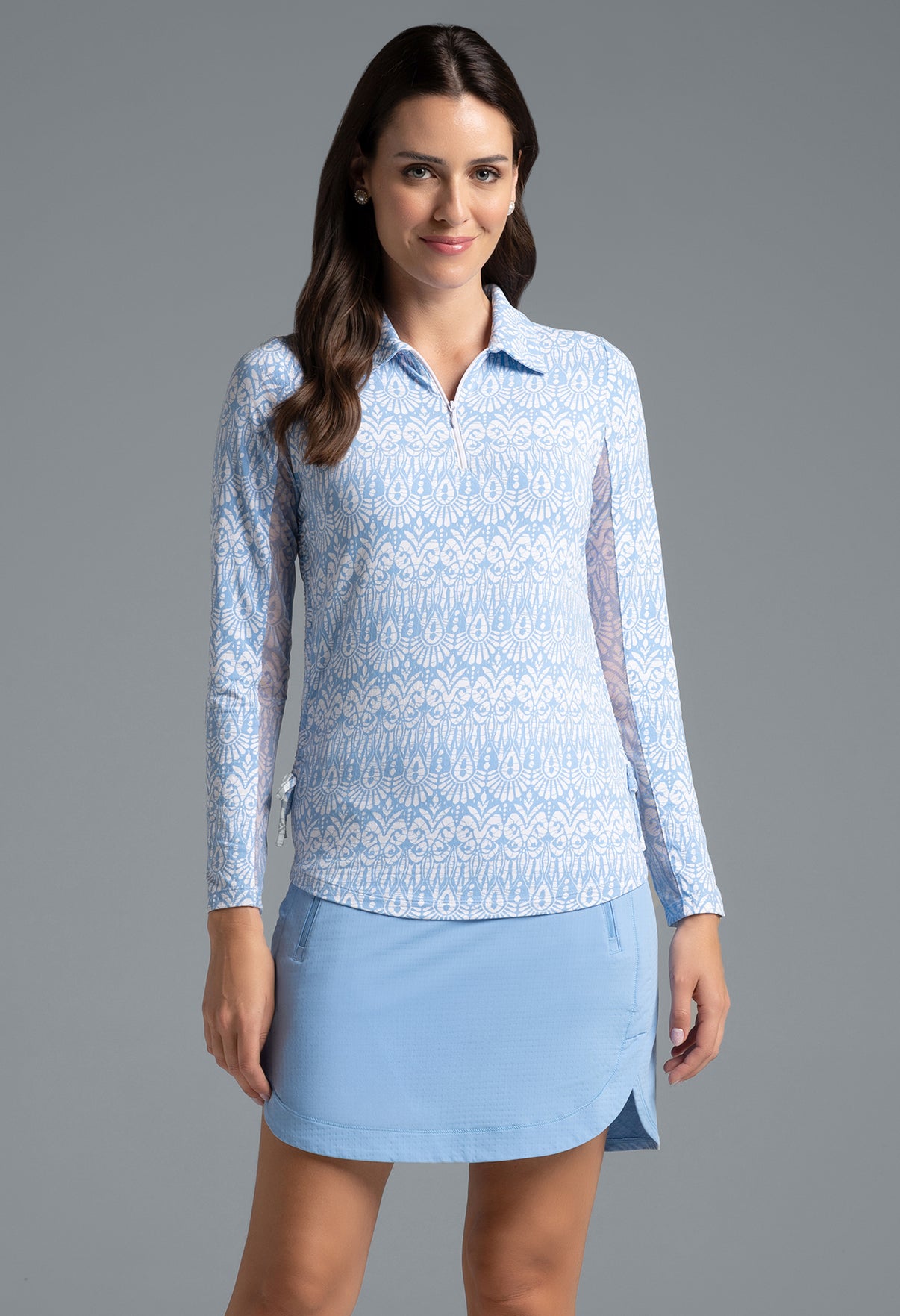 IBKÜL - Barbara Print Adjustable Length Long Sleeve Polo – 48086 - Color: Peri/White