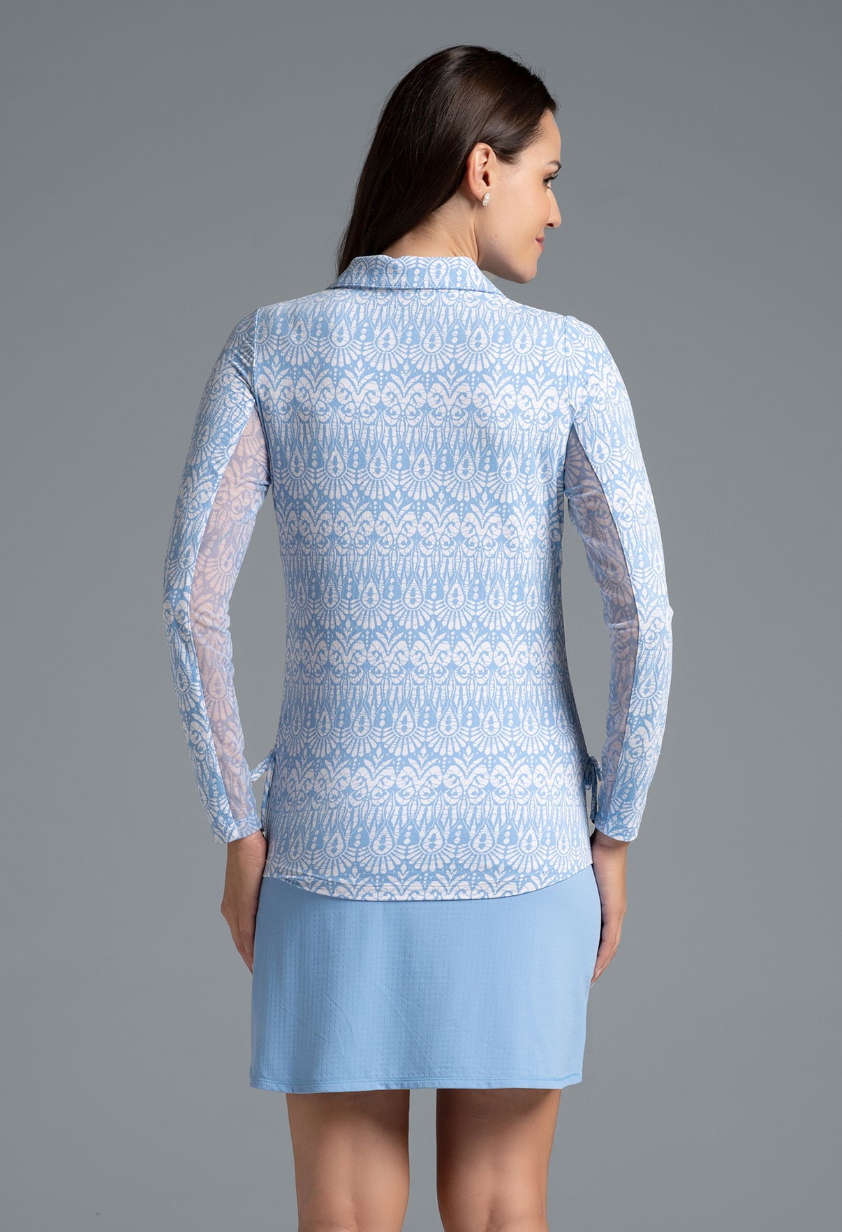 IBKÜL - Barbara Print Adjustable Length Long Sleeve Polo – 48086 - Color: Peri/White