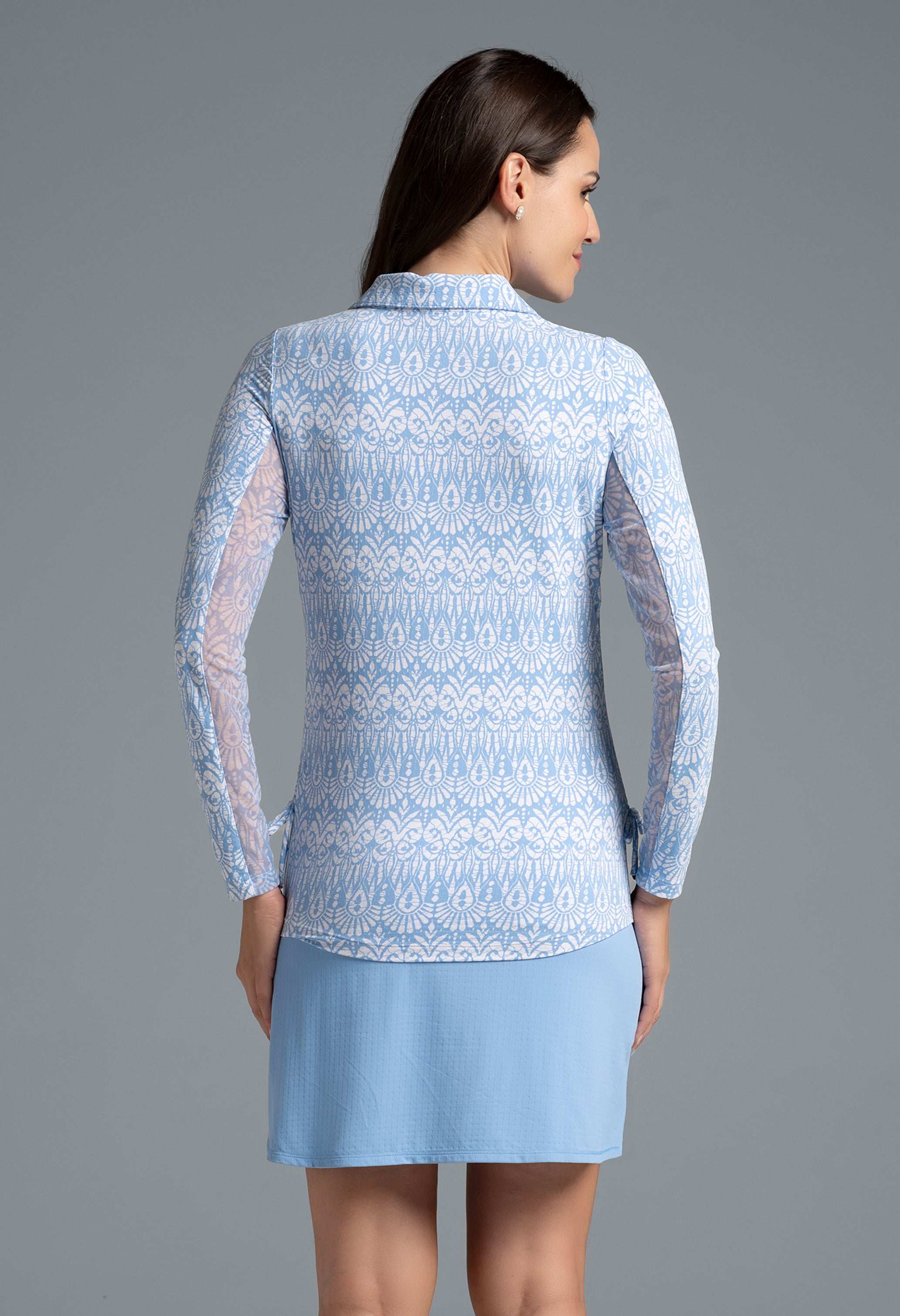 IBKÜL - Barbara Print Adjustable Length Long Sleeve Polo – 48086 - Color: Peri/White