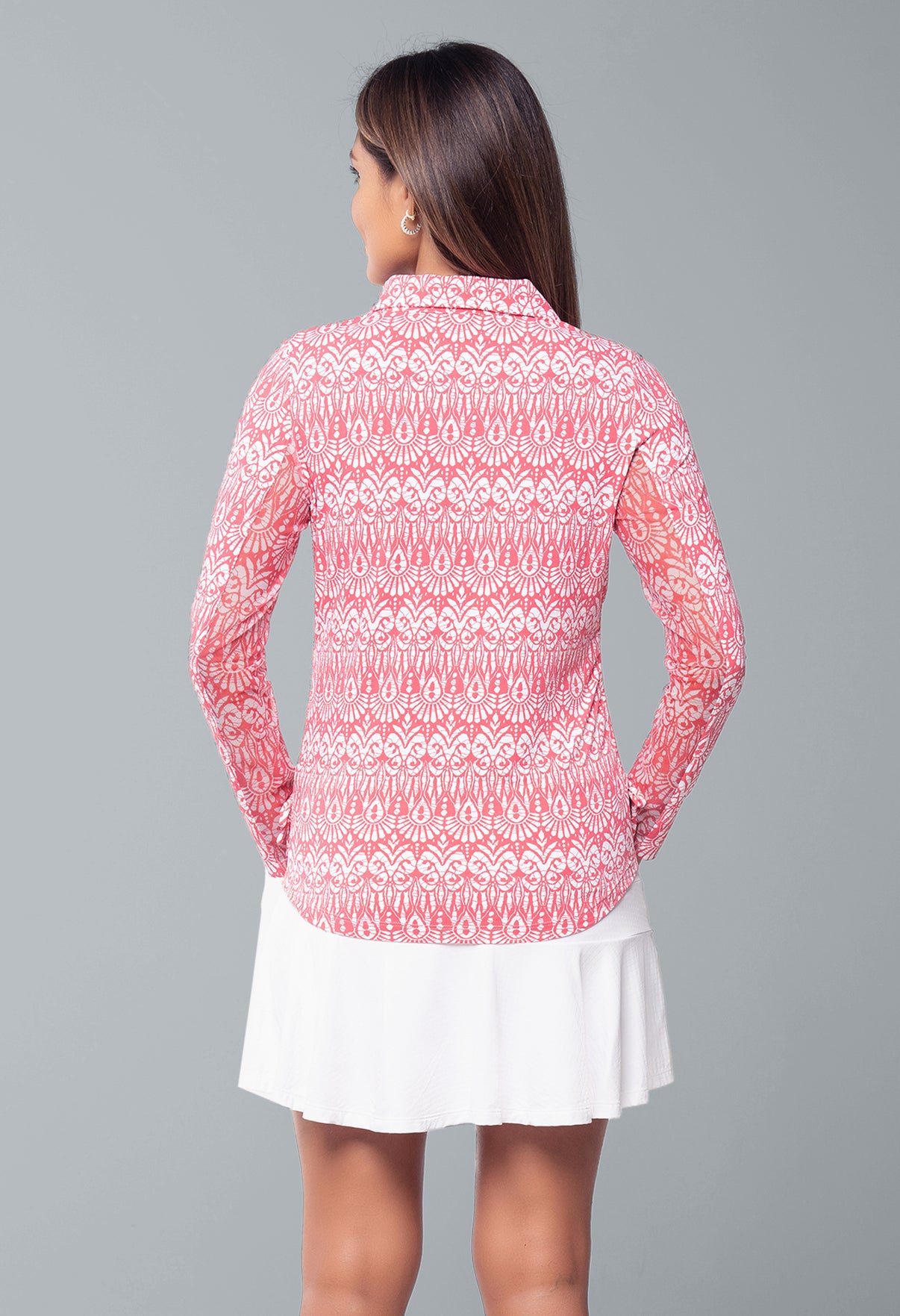 IBKÜL - Barbara Print Adjustable Length Long Sleeve Polo – 48086 - Color: Watermelon/White